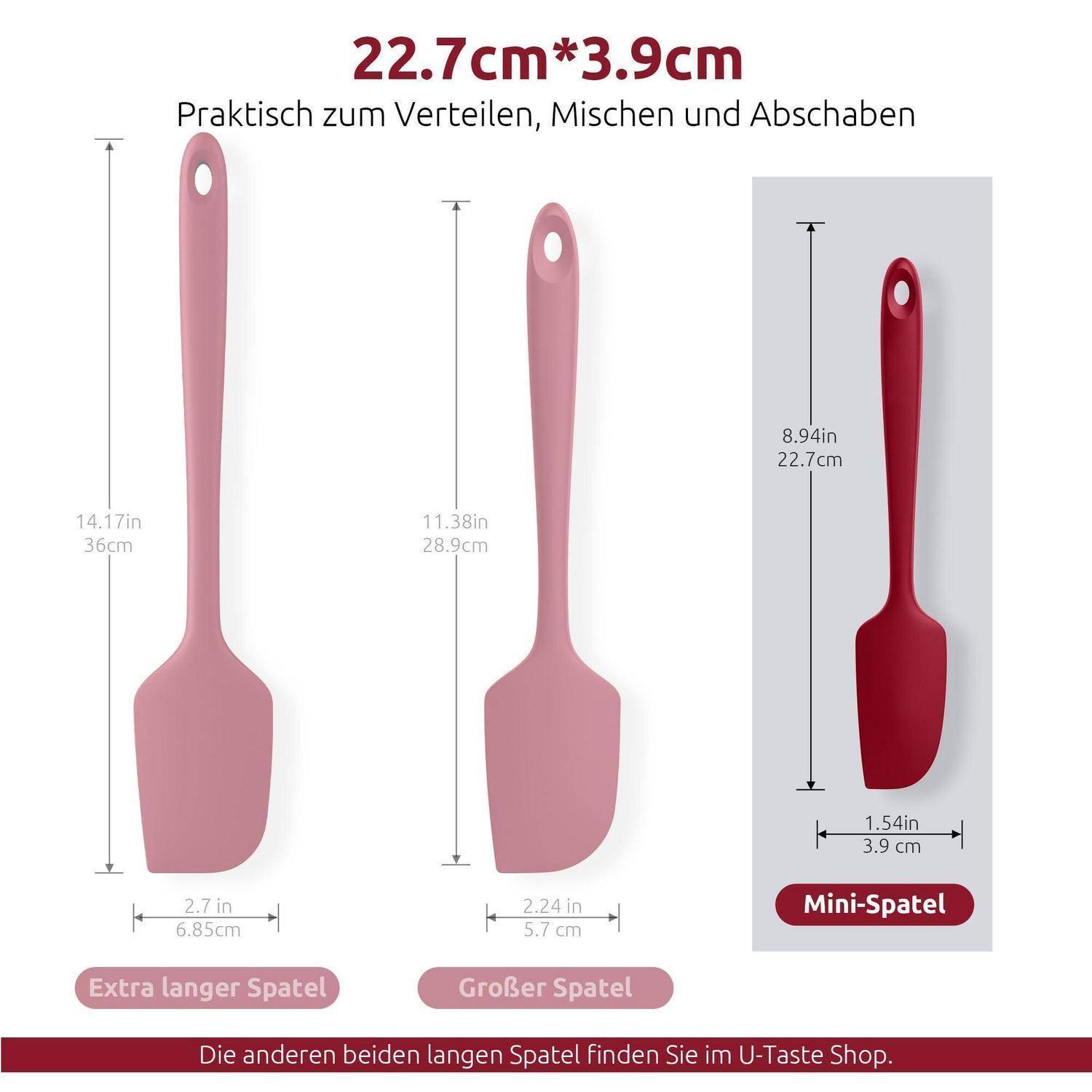 Produktvergleichsbild mit drei Silikonspachteln: extra-lang 36 cm, groß 28,9 cm und mini 22,7 cm, mit deutschen Beschriftungen und Abmessungen.