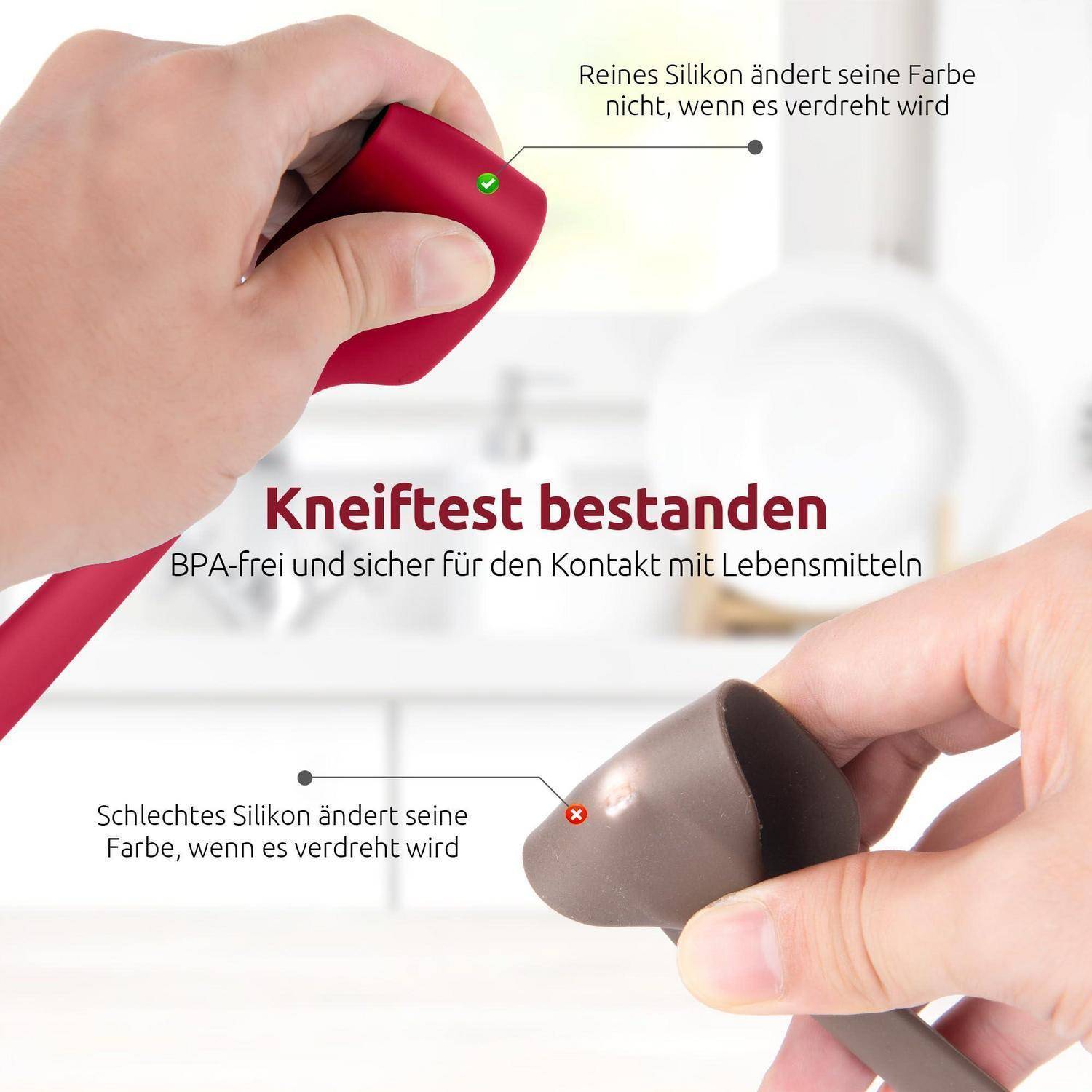 Werbegrafik zeigt ein rotes Silikon-Küchengerät, das zusammengedrückt wird, um zu beweisen, dass es einen Kniff-Test besteht; der Text besagt, dass es BPA-frei und lebensmittelecht ist, und gutes Silikon ändert die Farbe nicht, wenn es verdreht wird.