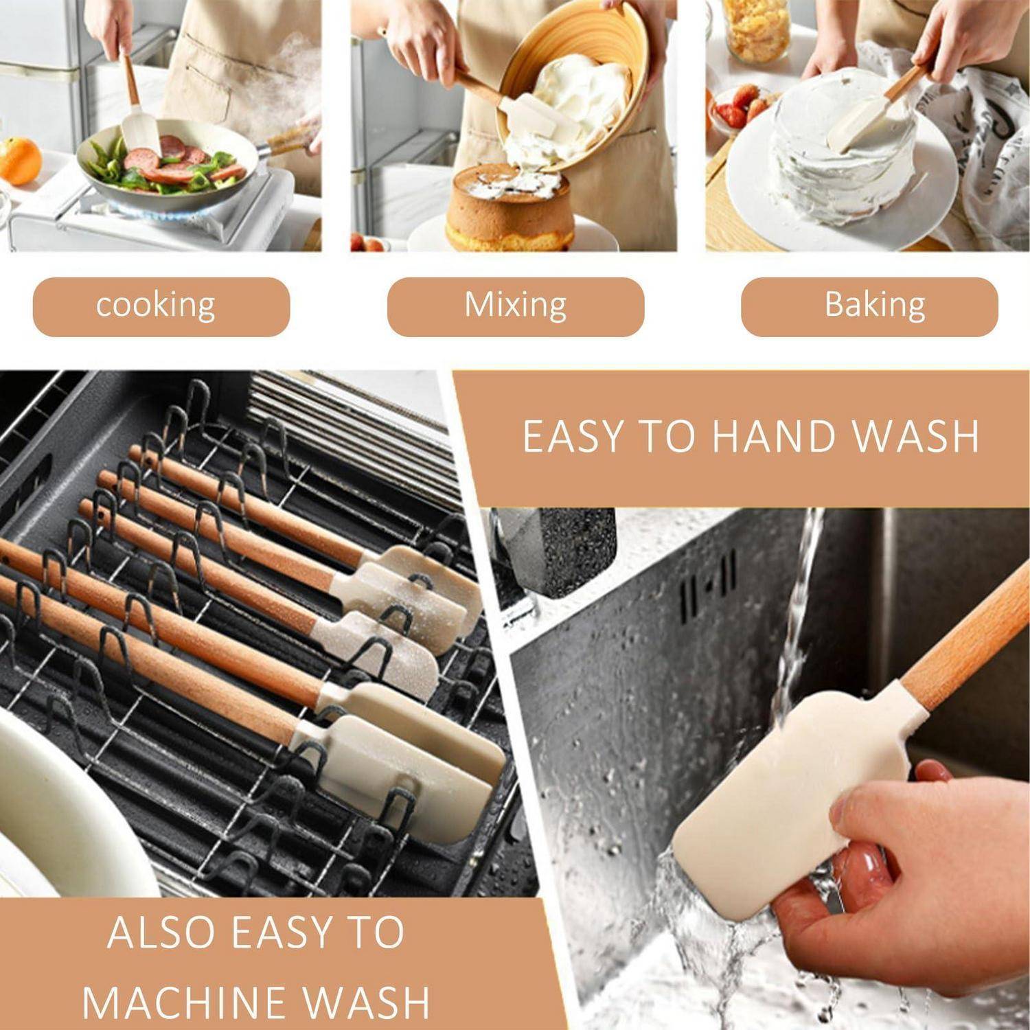 Collage von Silikonspachteln zum Kochen, Mischen und Backen, mit Text, das hervorhebt, dass sie leicht von Hand zu waschen und in der Spülmaschine zu reinigen sind.