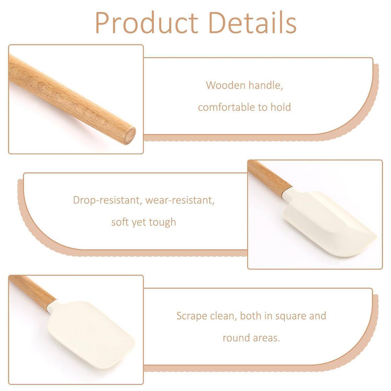 Produktdetails-Infografik, die einen Spatel mit Holzgriff und weichem, haltbarem Kopf zeigt; Beschriftungen weisen auf ergonomischen Griff, Sturzsicherheit und einfaches Kratzen von eckigen und runden Flächen hin.
