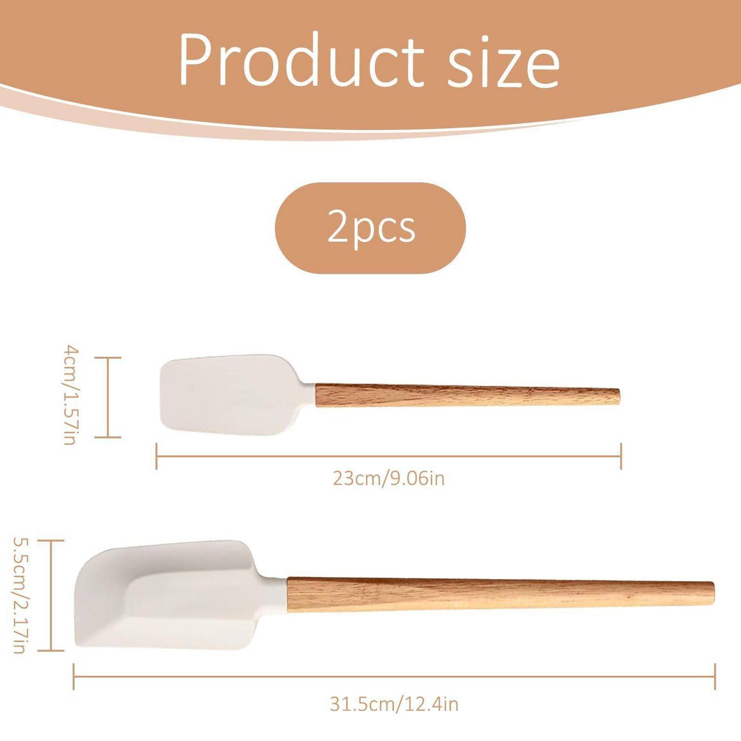 Produktgrößendiagramm mit 2 Teilen: einem kleinen Spatel 23cm/9,06in lang und 4cm/1,57in breit, und einem größeren Spatel 31,5cm/12,4in lang und 5,5cm/2,17in breit.