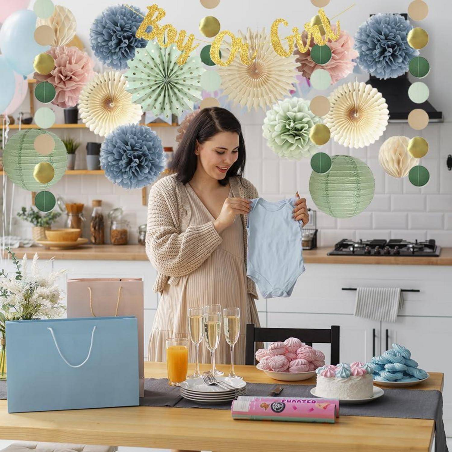 Gender Reveal Party Deko Set Junge oder Mädchen Salbeigrün Blau Rosa