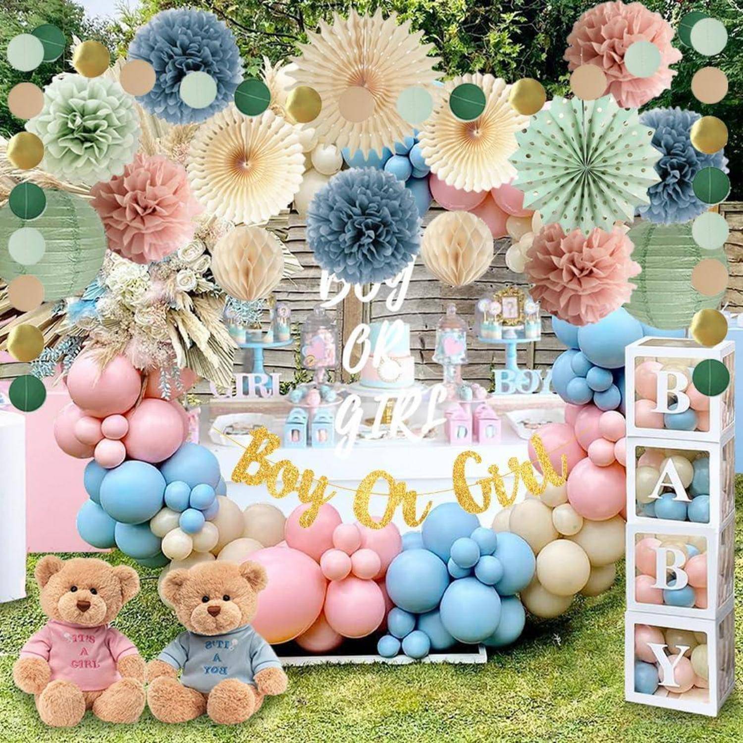 Gender Reveal Party Deko Set Junge oder Mädchen Salbeigrün Blau Rosa
