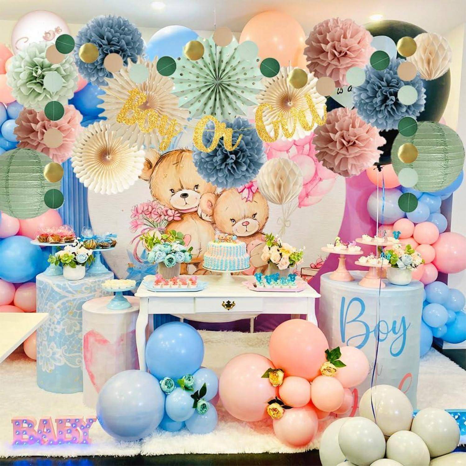 Gender Reveal Party Deko Set Junge oder Mädchen Salbeigrün Blau Rosa