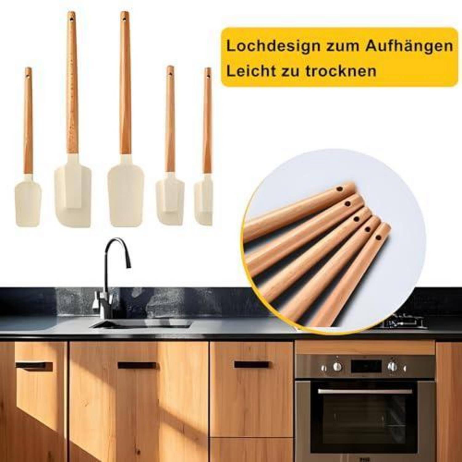 Satz von Holzspachteln mit Aufhängelöchern, gezeigt über einer Küchenarbeitsplatte; der Text besagt „Lochdesign zum Aufhängen, Leicht zu trocknen