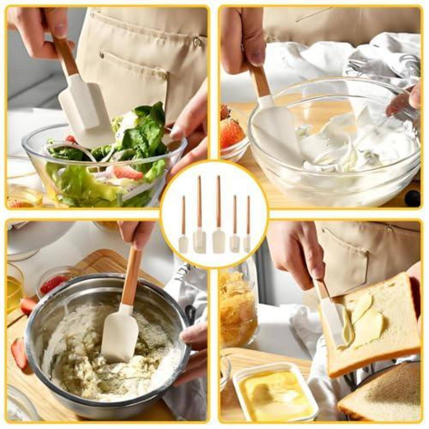 Collage zeigt einen weißen Silikonspatel, der zum Mischen von Salat, Schlagsahne, Teig und zum Verstreichen von Butter auf Toast verwendet wird, mit vier Spachteln in der Mitte.