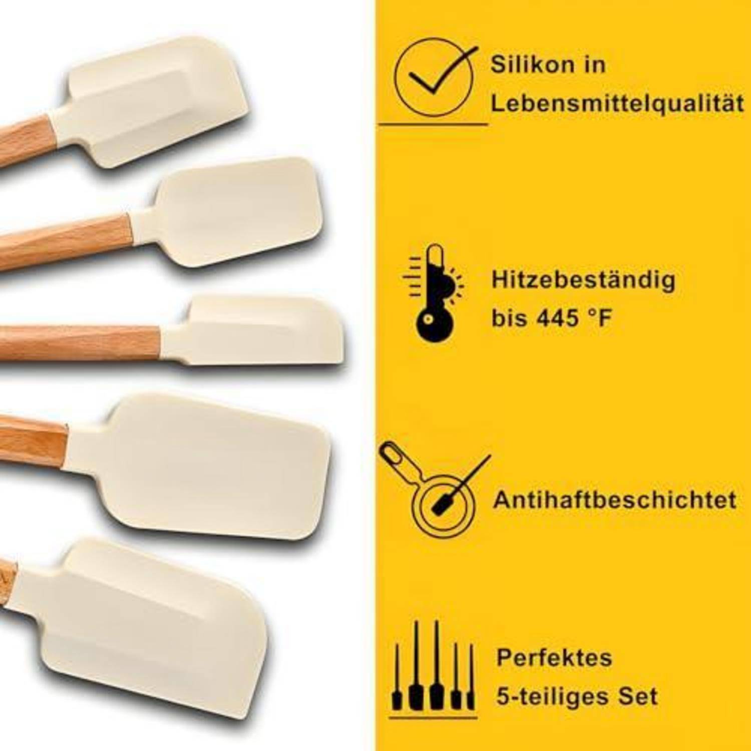 Produktbild von fünf beigefarbenen Silikon-Spachteln mit Holzgriffen, die lebensmittelsicher, hitzebeständig bis 230°C, mit Antihaft-Beschichtung und als 5er-Set gezeigt werden.