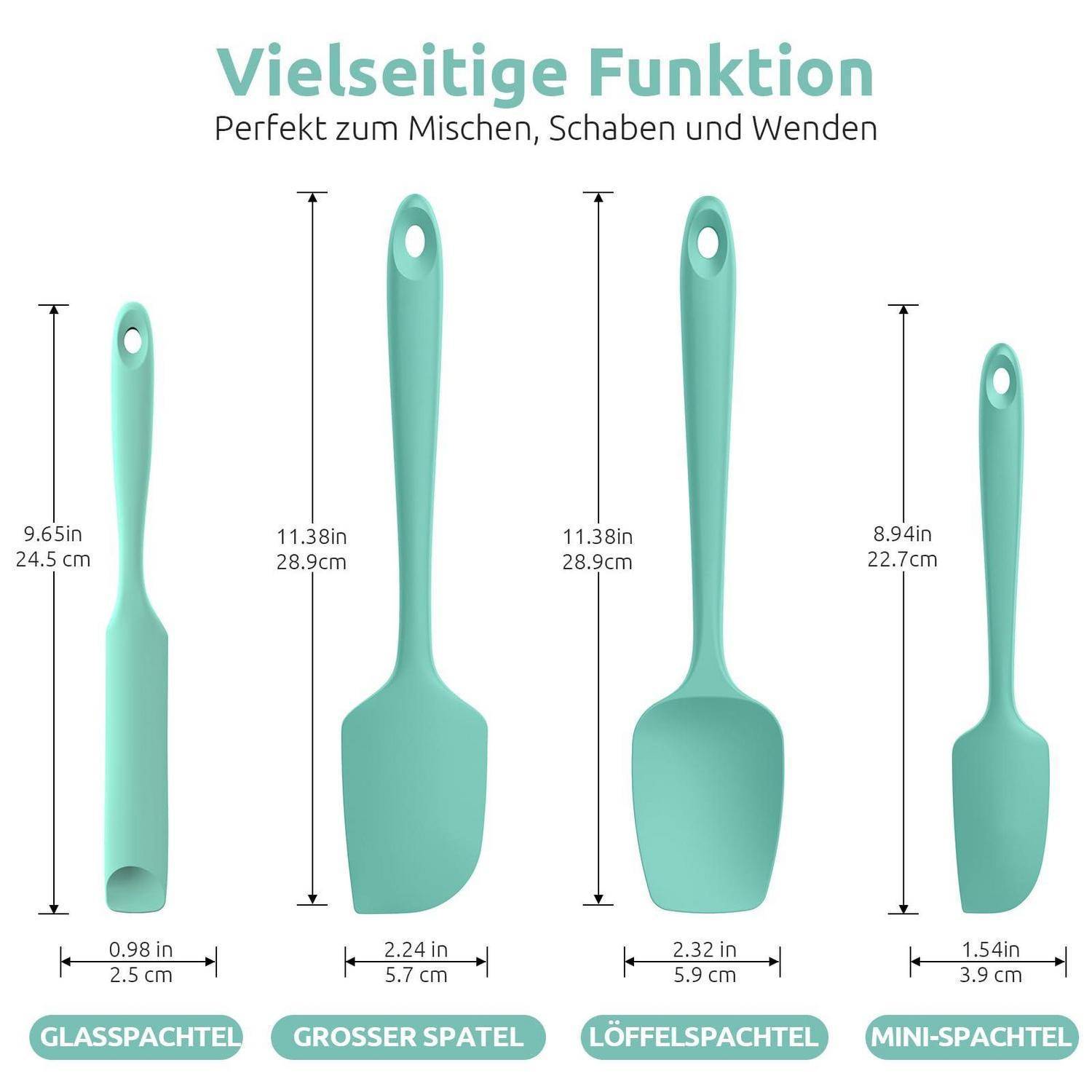 Grafik mit vier mintgrünen Küchenspateln und deutschem Titel „Vielseitige Funktion