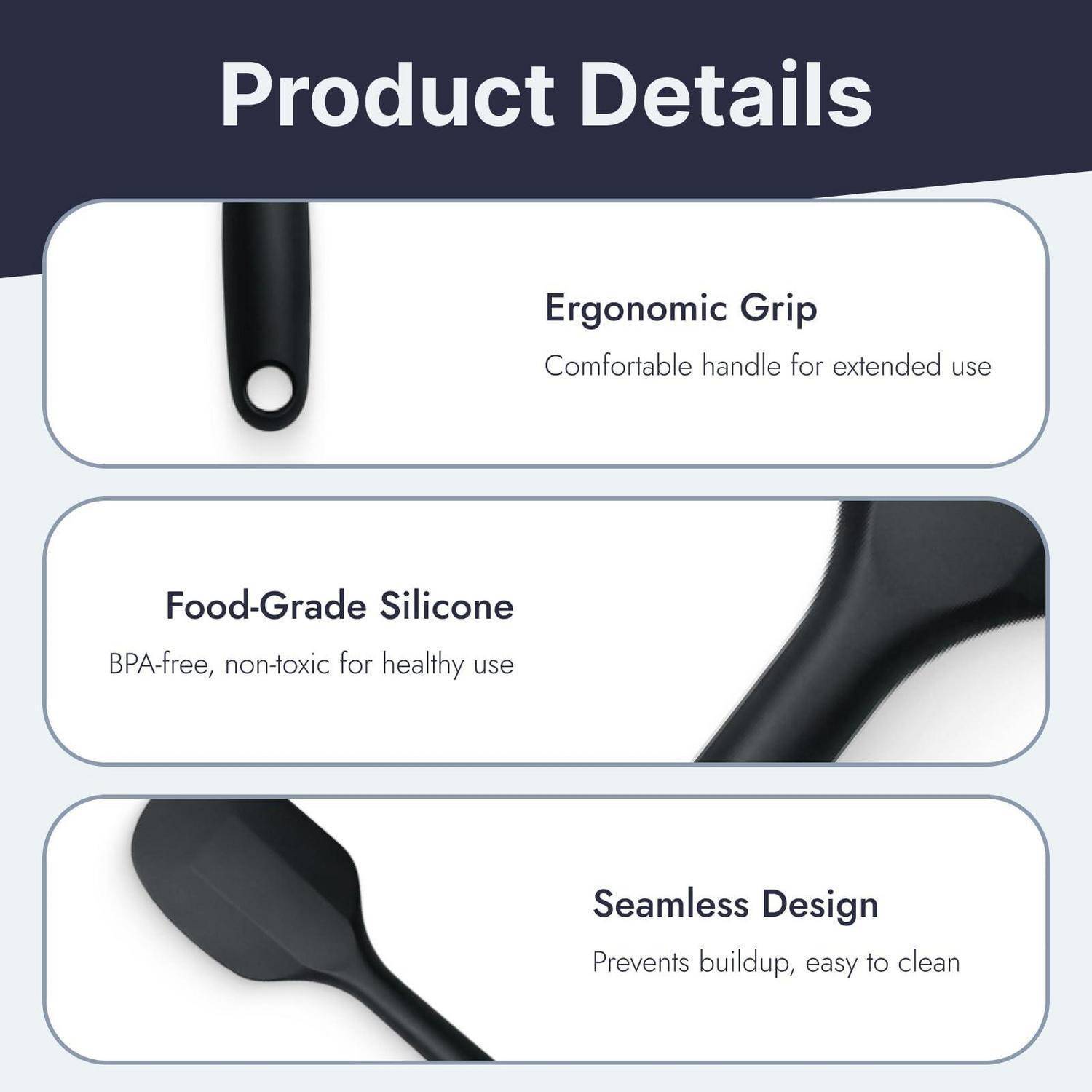 Produktdetails-Infografik mit einem Silikonbesteck mit ergonomischem Griff, lebensmittelgerechtem BPA-freiem Material und nahtlosem Design für einfache Reinigung.