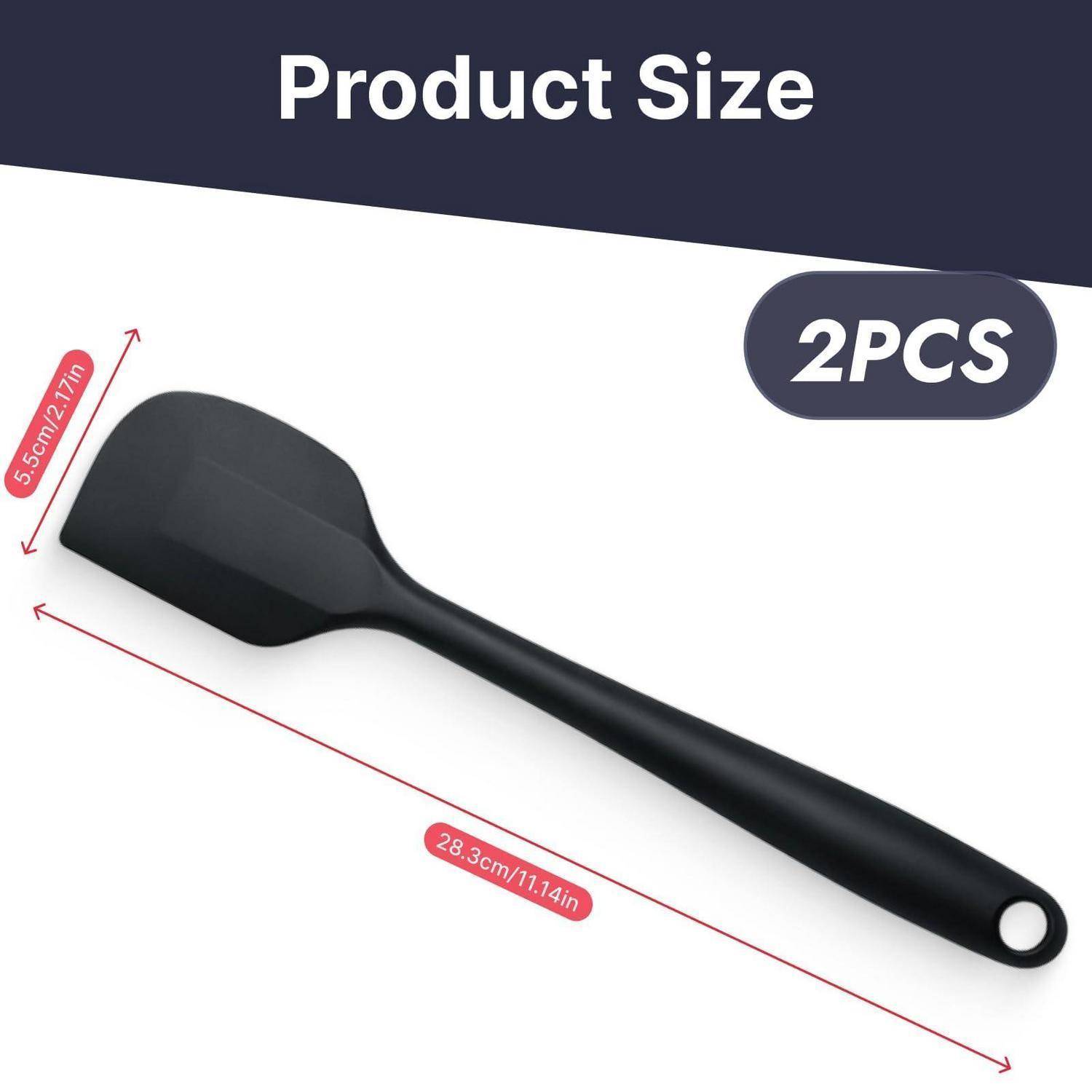 Produktgrößendiagramm für einen zweiteiligen schwarzen Spatel mit den Abmessungen 28,3 cm Länge und 8,5 cm Breite.
