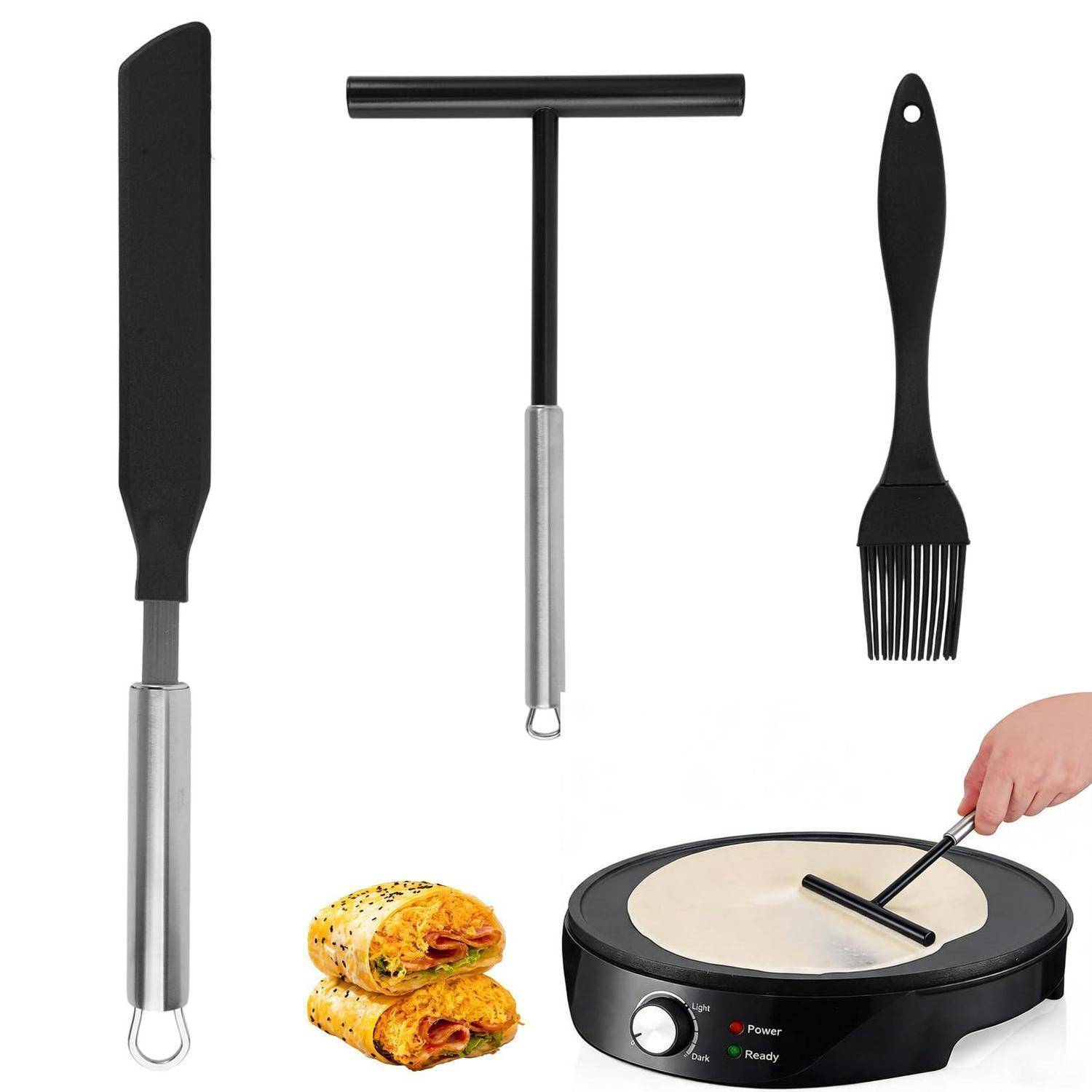 Drei schwarze Küchenutensilien zum Zubereiten von Crêpes oder Tortillas: ein Spatel, ein Teigverteiler und ein Backpinsel, gezeigt mit gerollten Crêpes und einer Pfanne während der Verwendung.