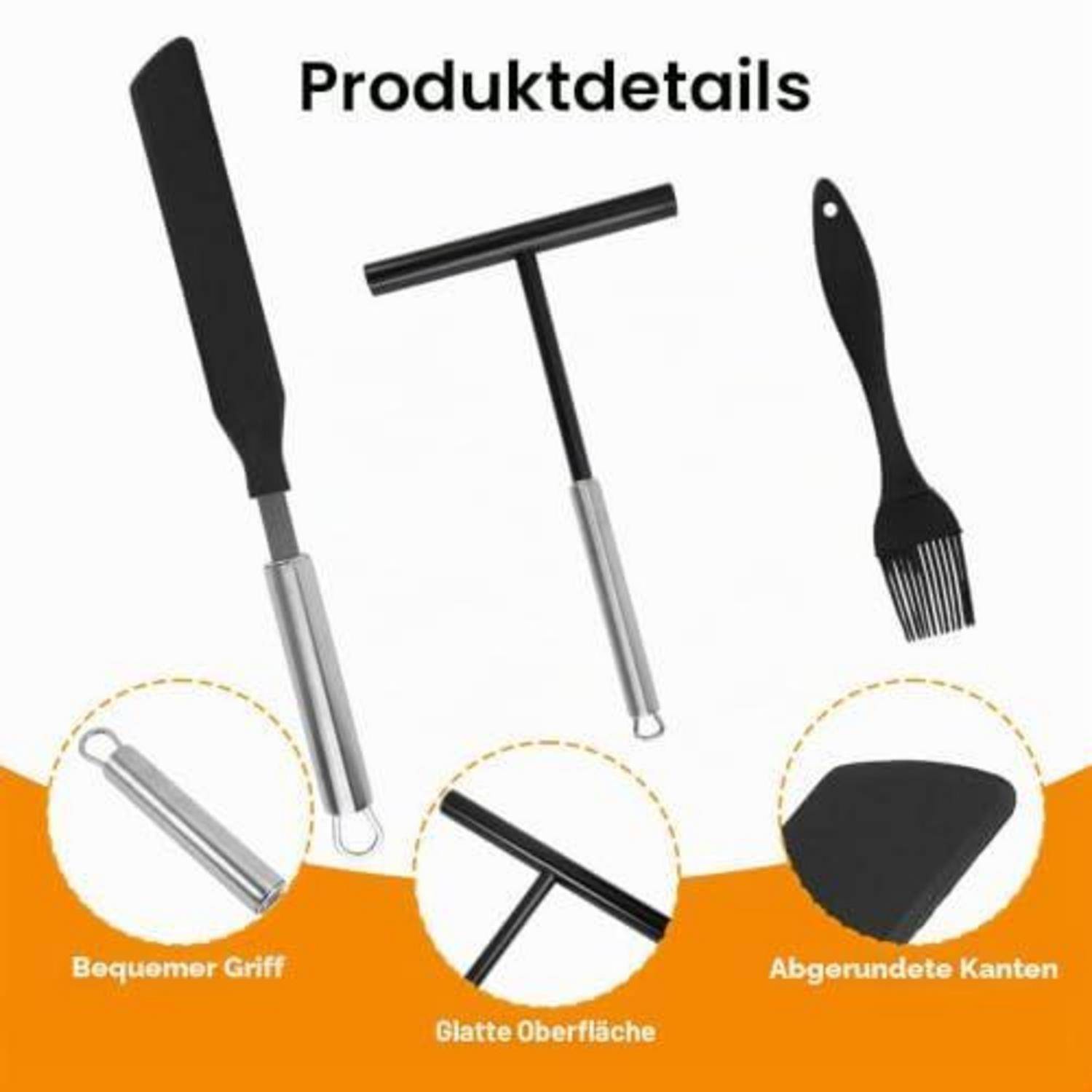 Produktdetailbild von drei Küchenwerkzeugen mit schwarzen Griffen und silbernen Stielen; Beschriftungen zeigen 