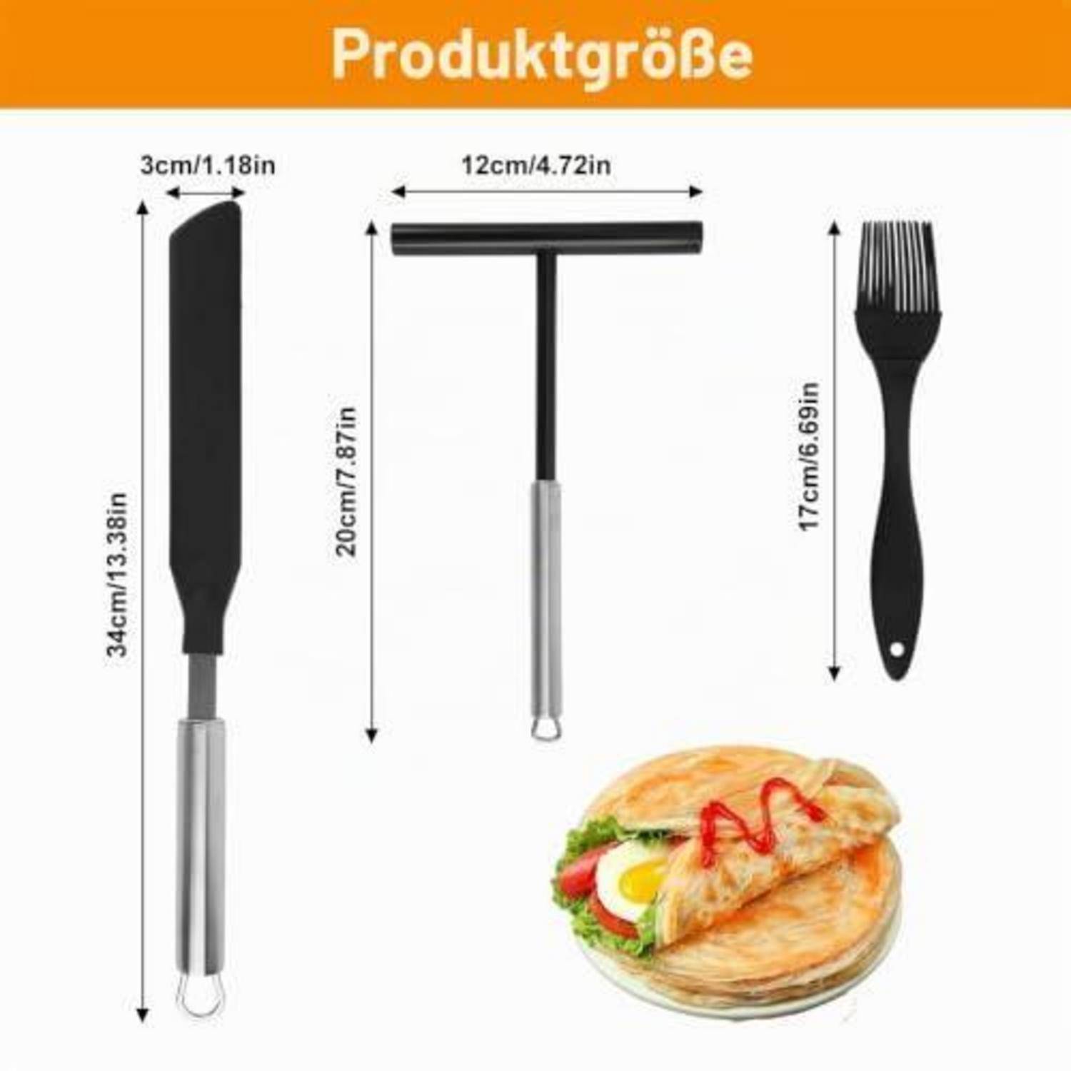 Produktgrößendiagramm mit Küchengeräte-Set: Spachtel 34 cm hoch, Spachtel 20 cm breit und Bürste 17 cm hoch, mit einer gefalteten Crêpes-Illustration.
