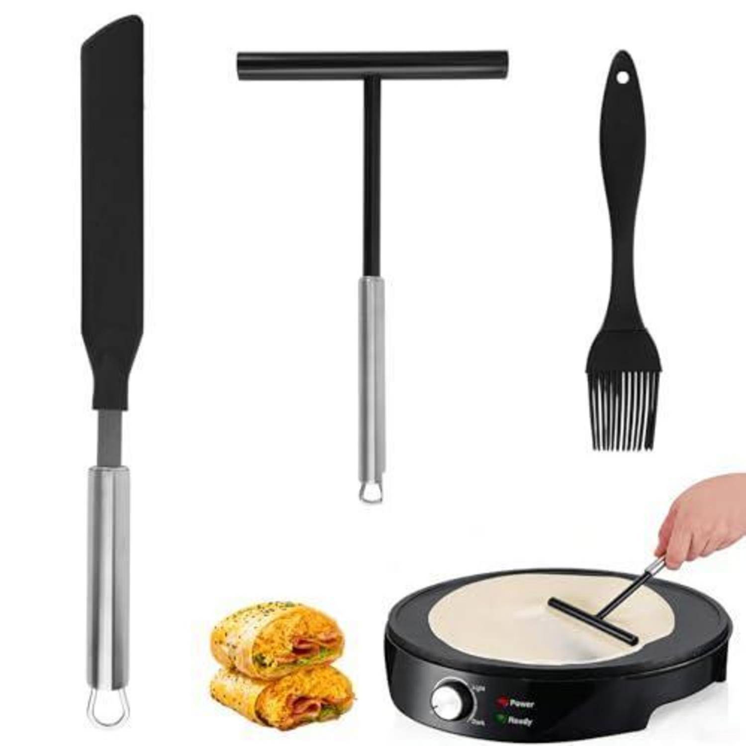 Kochutensilien-Set mit einer Tortilla-/Crêpes-Maschine: Spatel, T-förmiger Spachtel und Backpinsel, gezeigt mit gerollten Crêpes und einer Hand, die Teig auf der Grillplatte verteilt.