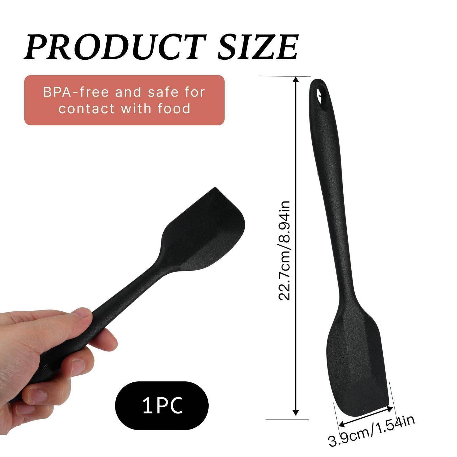 Produktgrößenabbildung zeigt einen schwarzen BPA-freien lebensmittelkontaktsicheren Spatel, 22,7 cm (8,94 Zoll) lang und 3,9 cm (1,54 Zoll) breit, gekennzeichnet mit 1 ST.