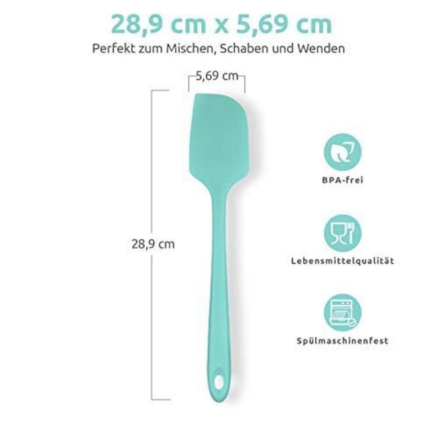 Türkisfarbener Silikonspatel mit Abmessungen von 28,9 cm x 5,69 cm und Symbolen, die angeben, dass er BPA-frei, lebensmittelsicher und spülmaschinenfest ist.