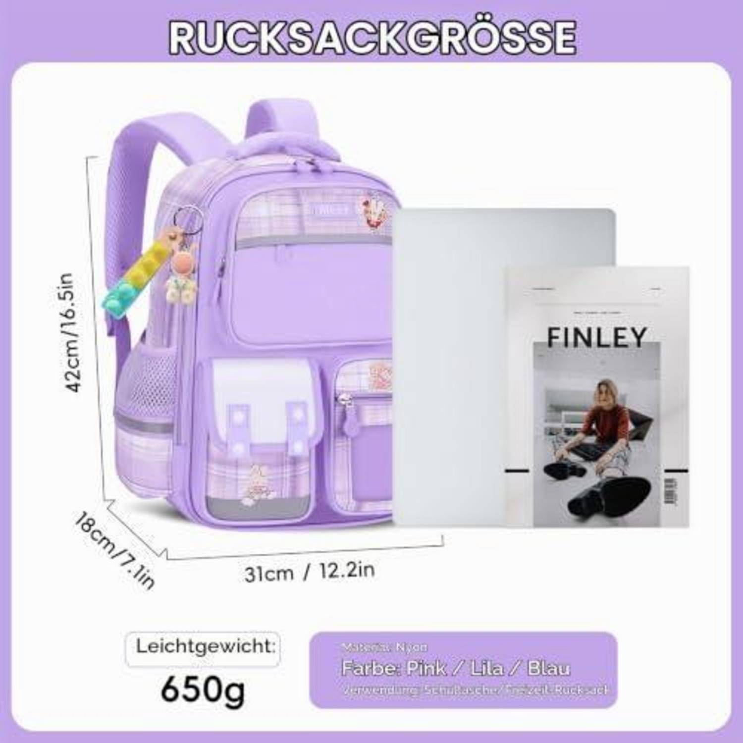 Amythe Schulrucksack Mädchen 1-6 Klasse mit Brustgurt Reflektierend Dunkelviolett