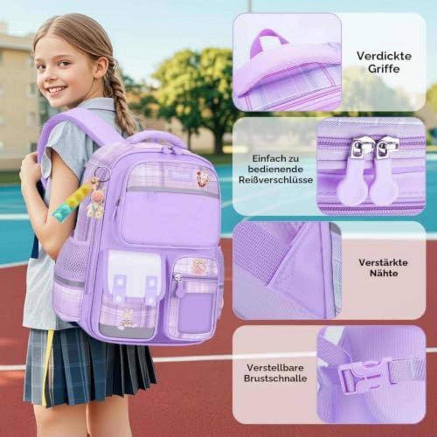 Amythe Schulrucksack Mädchen 1-6 Klasse mit Brustgurt Reflektierend Dunkelviolett