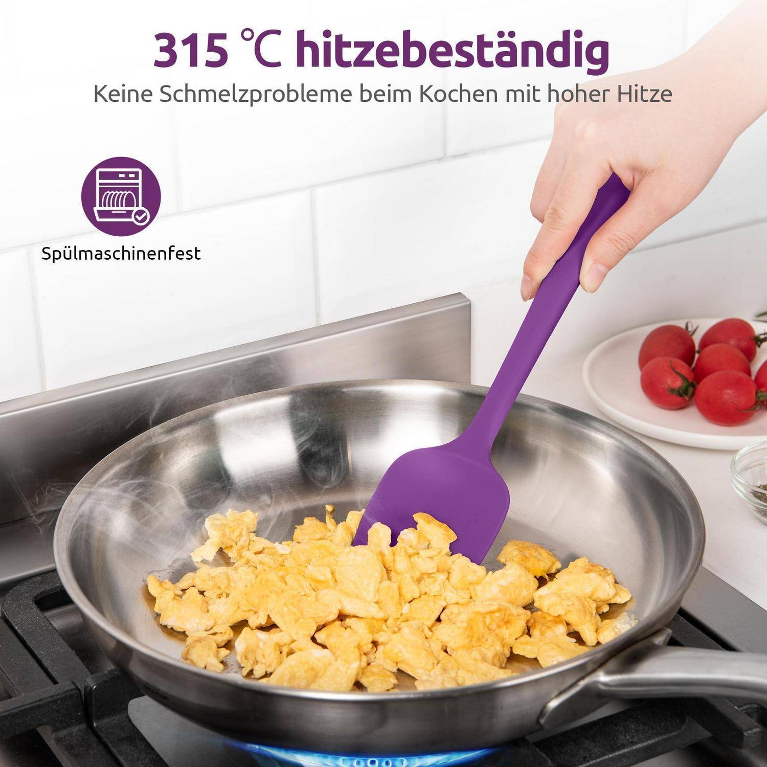 Lila Spatel rührt Rührei in einer Pfanne auf dem Herd um, mit deutschem Text, der die Hitzebeständigkeit von 315°C und die Spülmaschinensicherheit bewirbt.