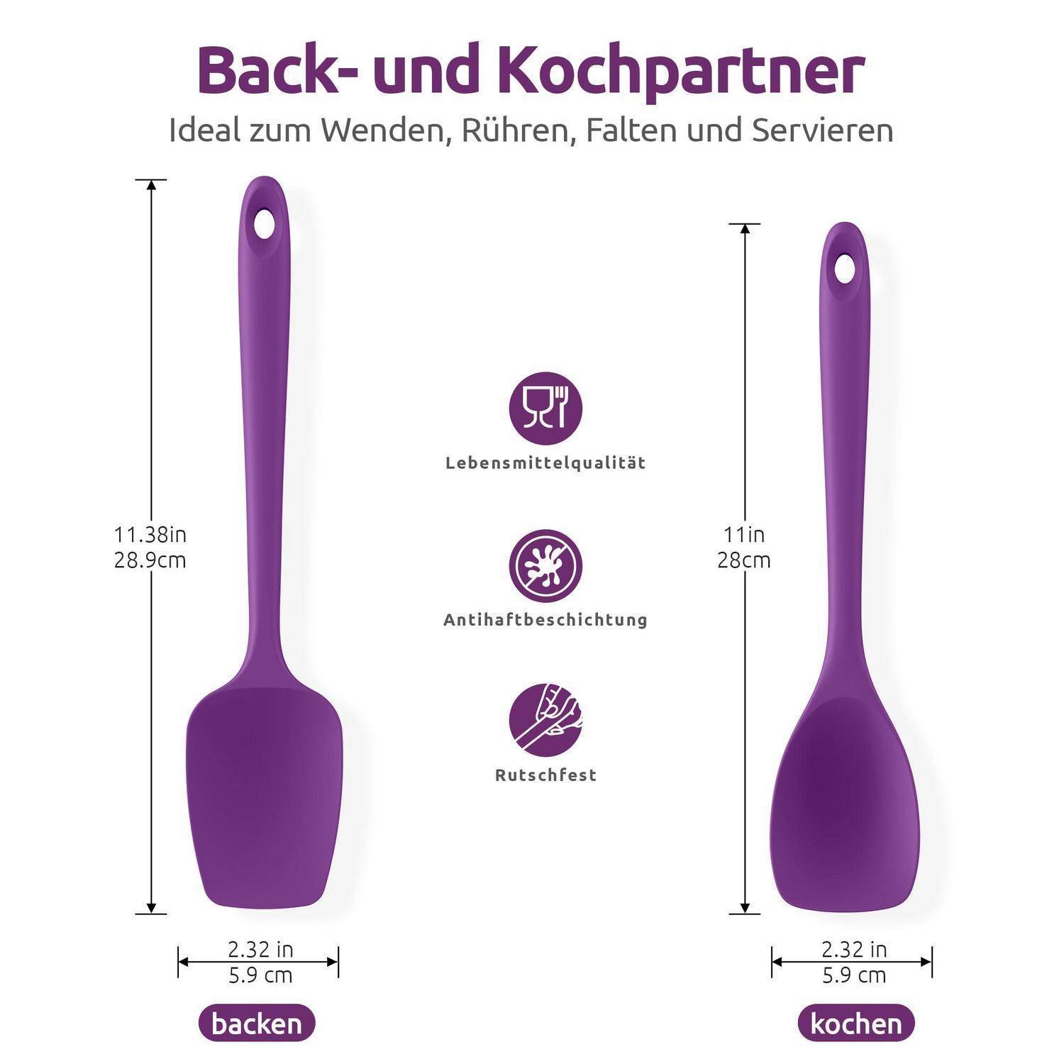 Deutsches Produktgrafik, das einen violetten Spatel zum Backen und Kochen vergleicht, mit Längen von 28,9 cm und 28 cm, 5,9 cm Breite und Merkmalen: lebensmittelecht, Antihaft-Beschichtung, wärmefest.
