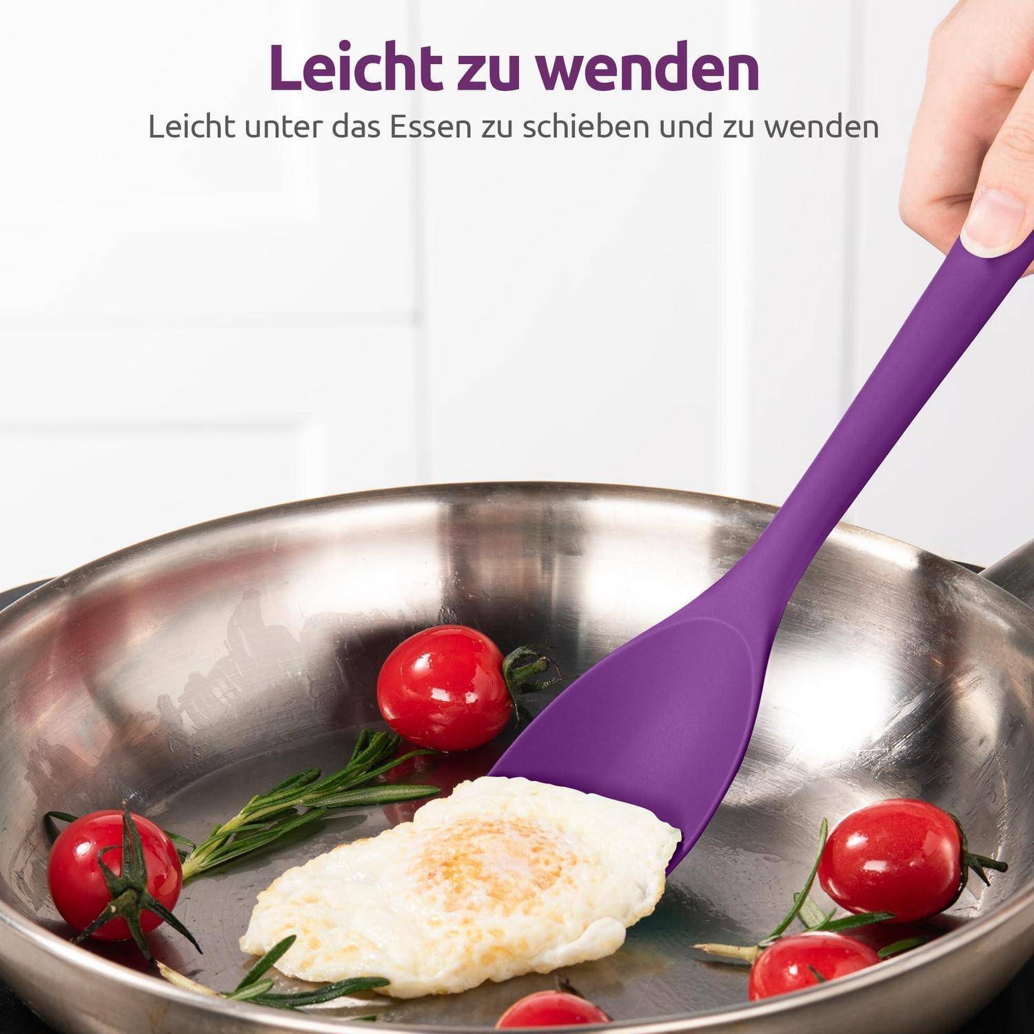 Lila Spachtel hebt ein Spiegelei in einer Pfanne mit Kirschtomaten; deutscher Text sagt „Leicht zu wenden
