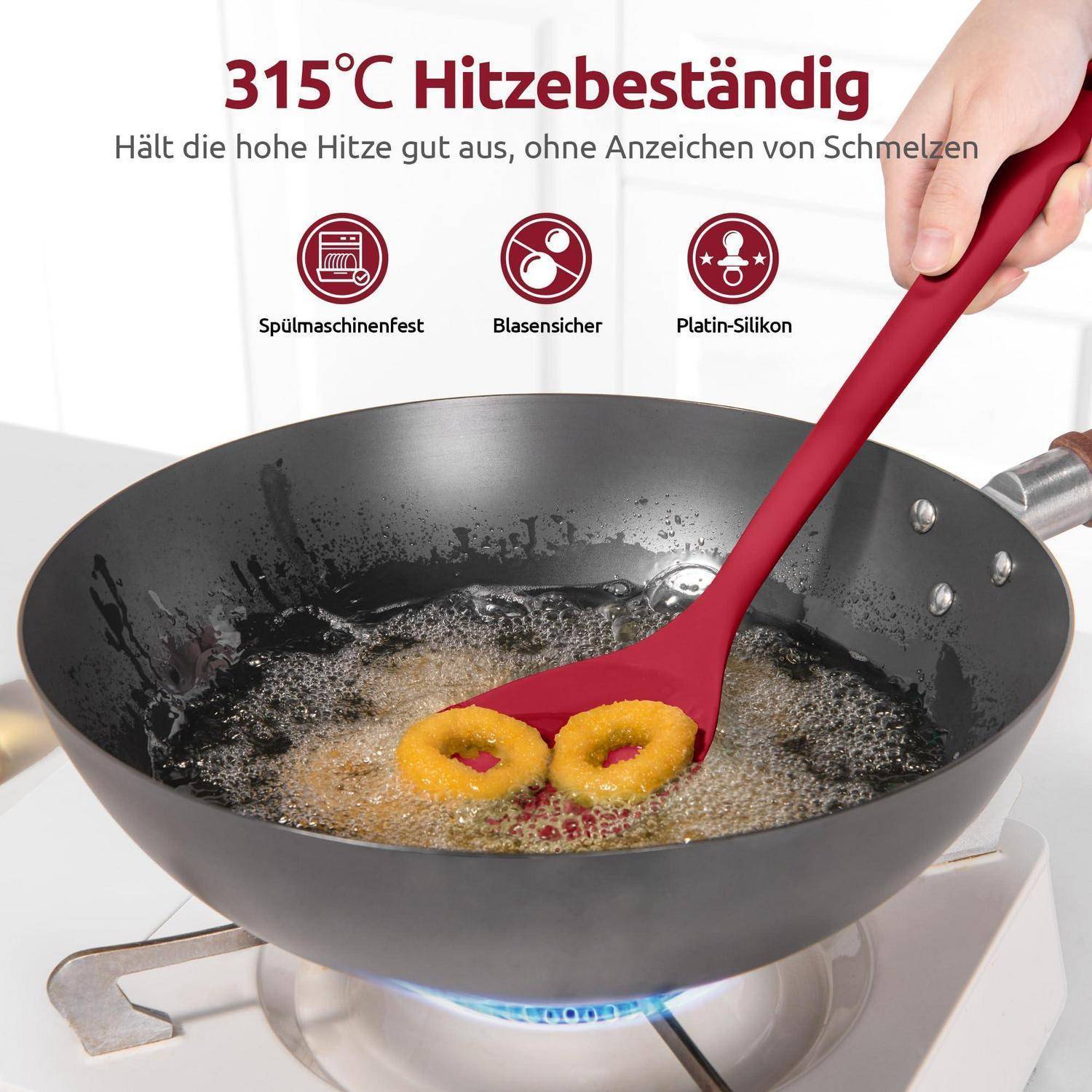 Werbebild eines roten Silikonspachtels, der Essen in einem heißen Wok umrührt, mit deutschem Text, der behauptet, dass er 