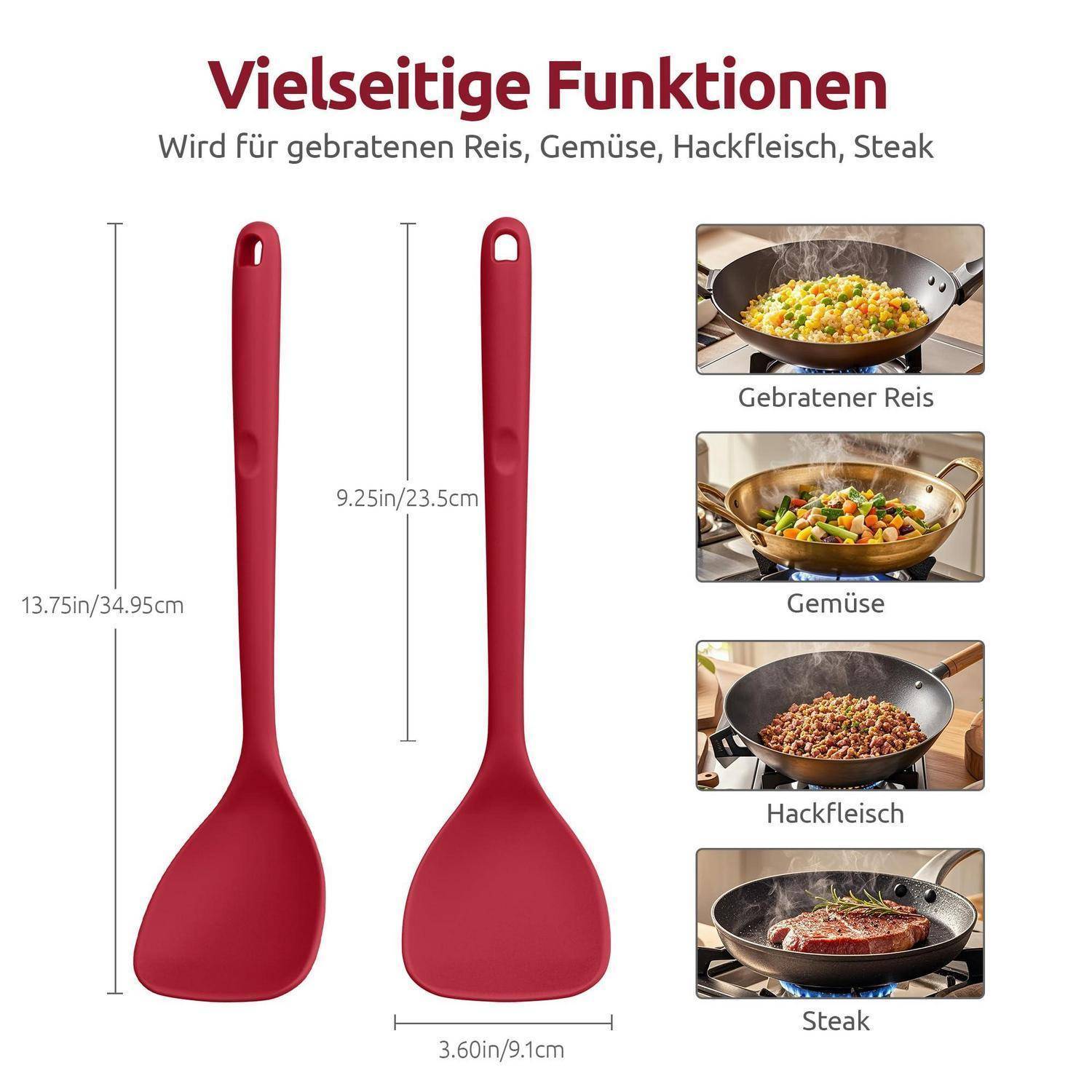 Produktbild eines roten Silikonkochspachtel/Löffels mit Maßangaben und Text „Vielseitige Funktionen