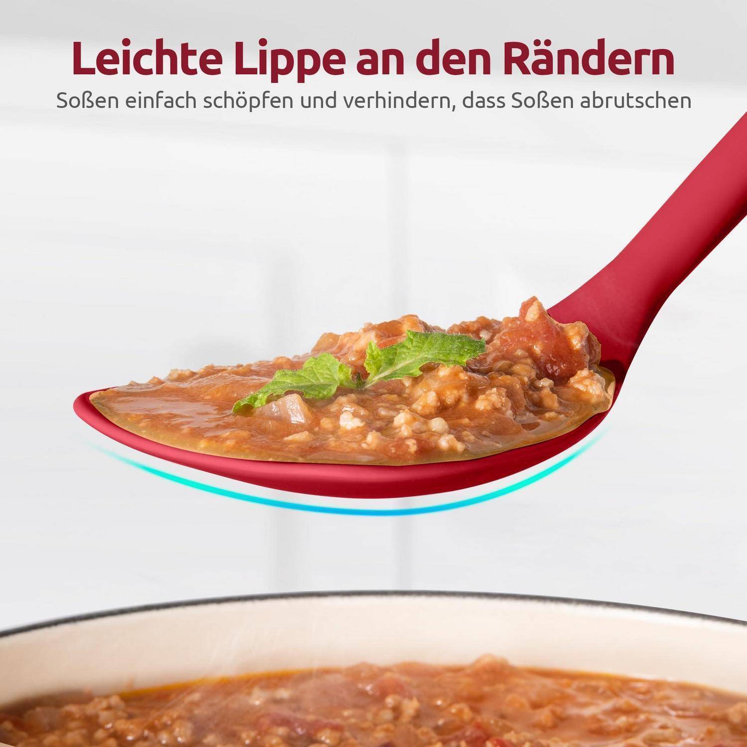 Roter Löffel mit erhöhten Rändern, der dickflüssige Sauce über einem Topf hält; deutscher Text sagt „Leichte Lippe an den Rändern