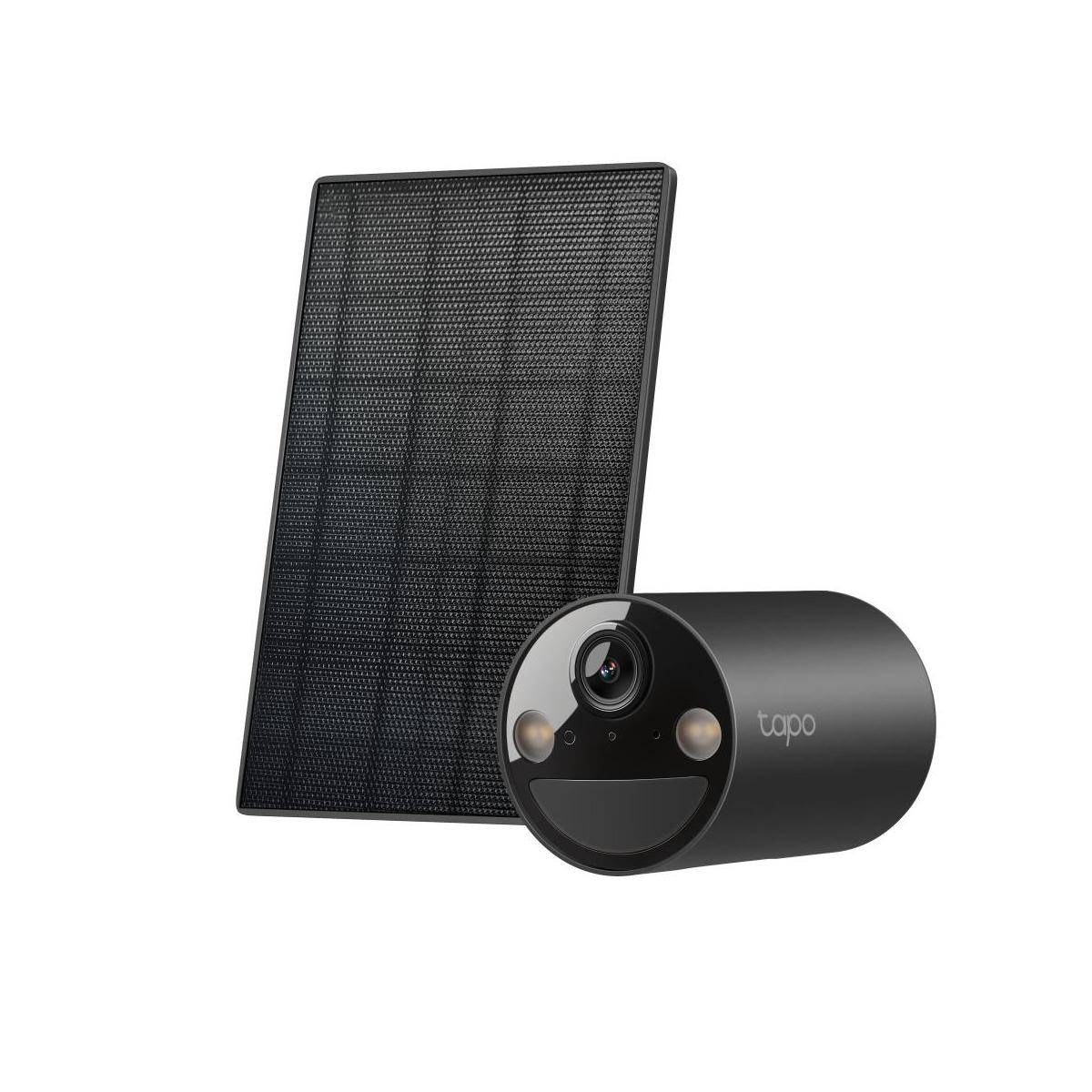 Schwarze Tapo-Außensicherheitskamera mit Solarladefeld, gezeigt auf weißem Hintergrund.