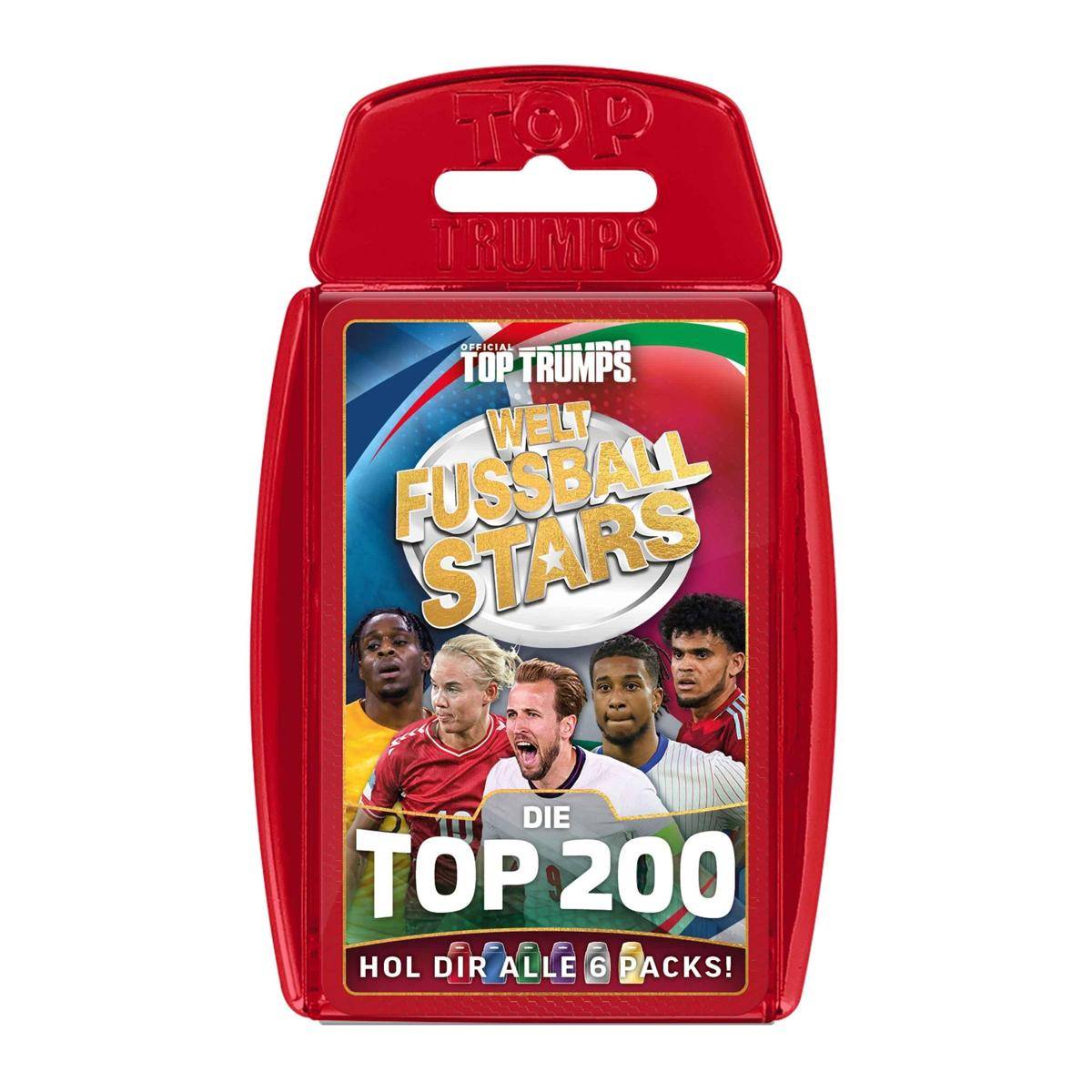 Rote Top Trumps Kartenetui für „Welt Fußball Stars