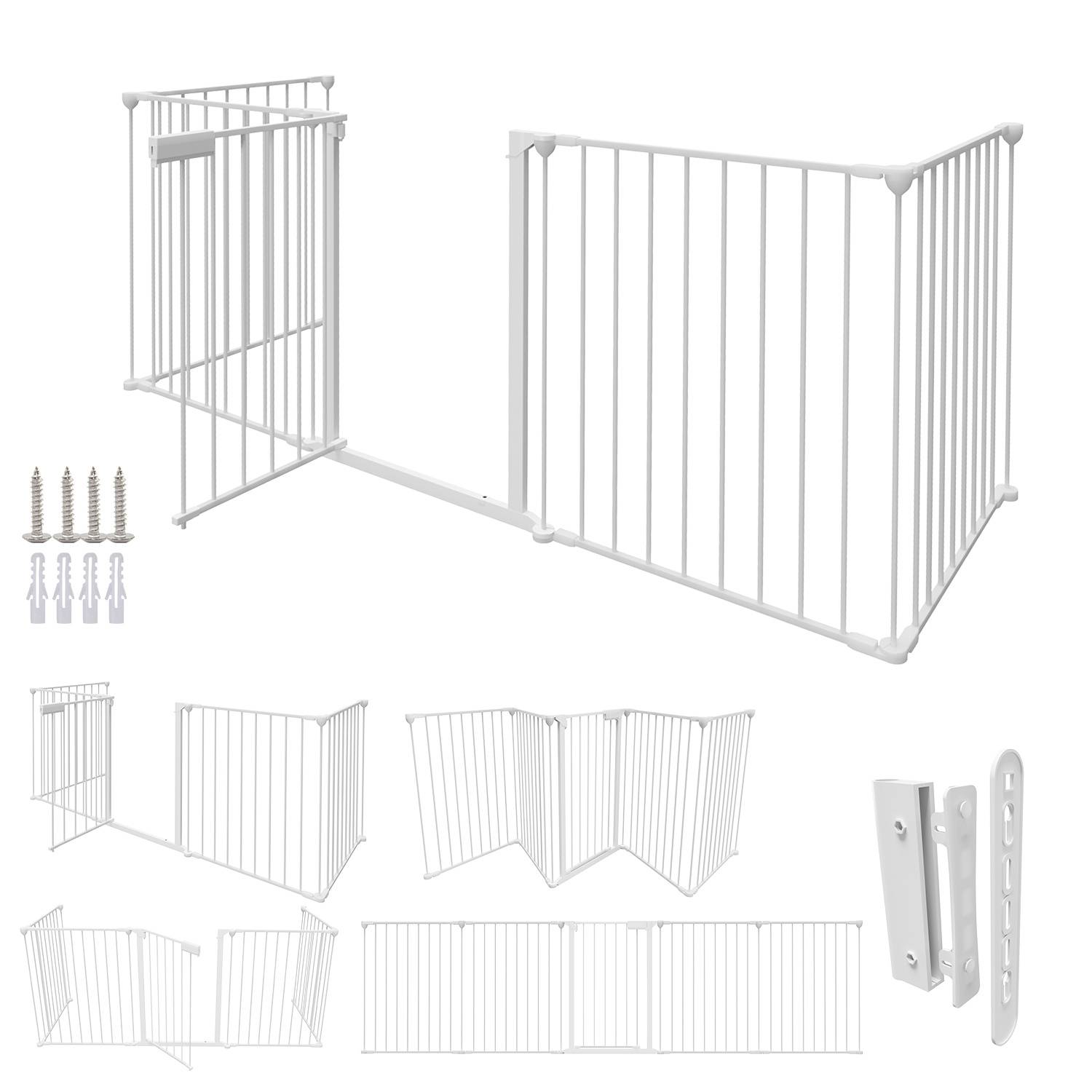 Kaminschutzgitter 310 x 75 cm Weiß, 5-teiliges Kinderschutzgitter mit Tür, faltbares Kamingitter aus Metall