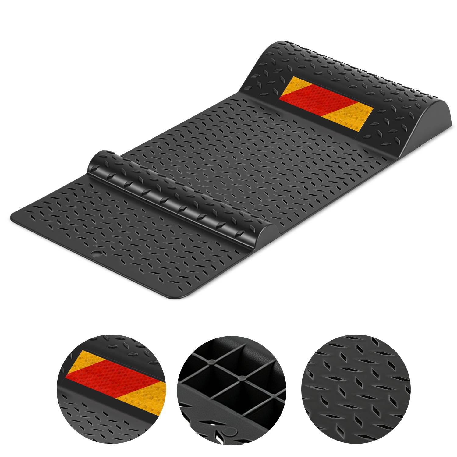 Schwarze strukturierte Gummiwelle mit erhöhtem Endanschlag und reflektierendem gelb-rotem Streifen, gezeigt mit Nahaufnahmekreisen, die die Oberfläche, die Unterseite und das Profilmuster hervorheben.