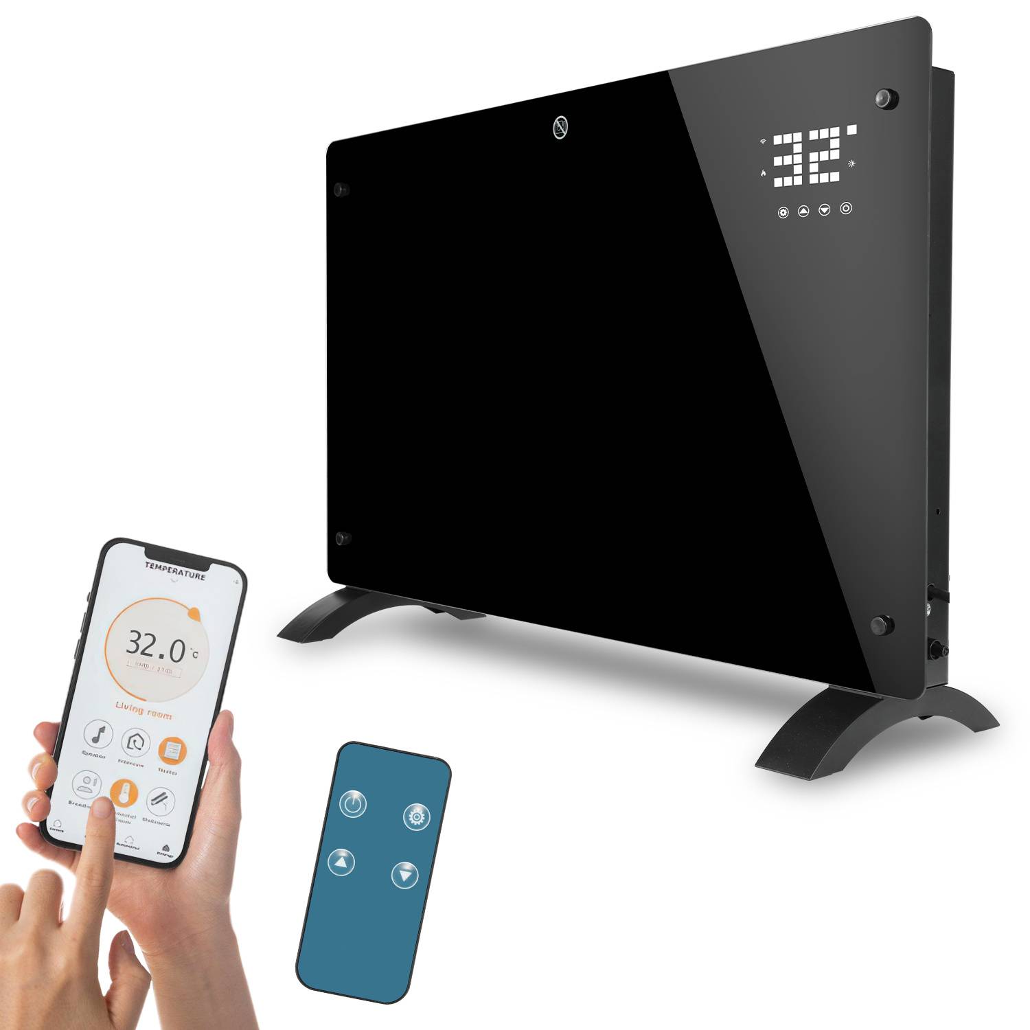 Elektroheizung 2000W Schwarz Glasheizung mit WiFi App & Fernbedienung, 24h Timer, Thermostat, IP24, Wand- & Standmontage