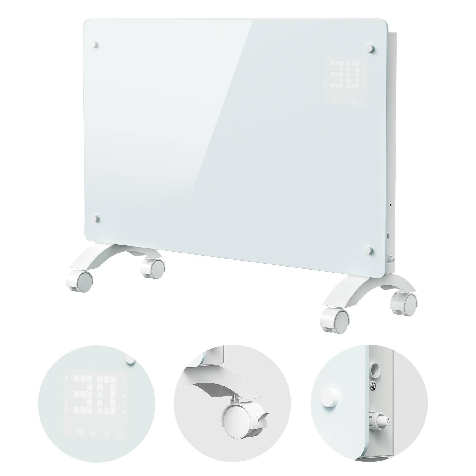 Weißes wandmontiertes elektrisches Panelheizgerät auf Rollen, Vorderansicht mit Vergrößerungen des Rades und der Seitenkontrolldetails.