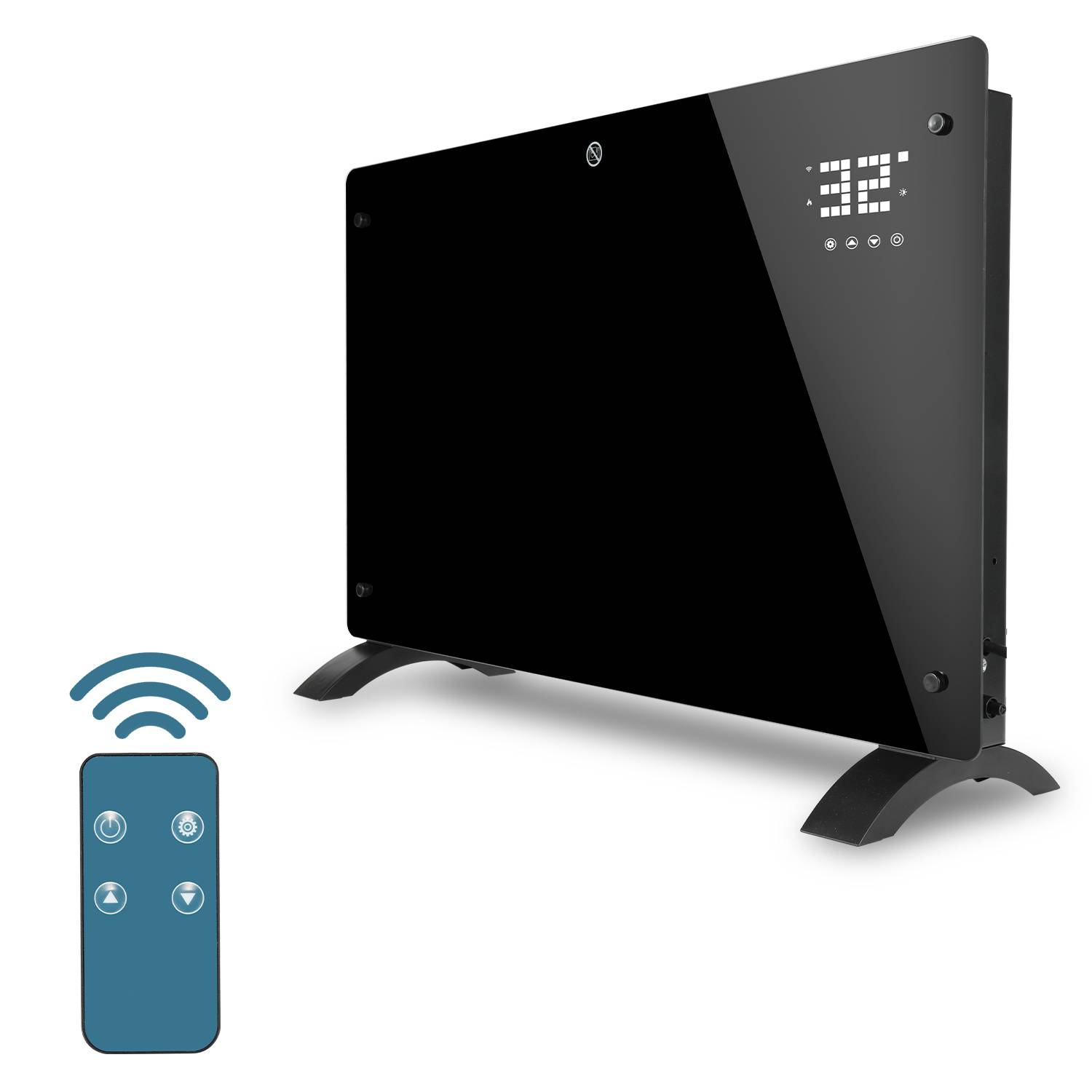 Schwarze Wandheizung mit digitaler Temperaturanzeige und Fernbedienung, gezeigt mit Wireless-Kontrolle-Symbol, das die Fernbedienung angibt.