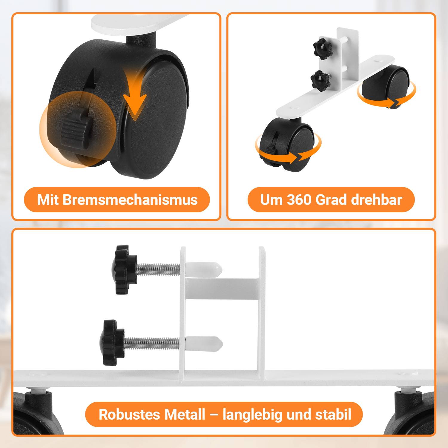 Produktfeature-Grafik mit Schwenklenkrollen mit Bremse, 360-Grad-Rotation und robuster Metallhalterung für Stabilität.