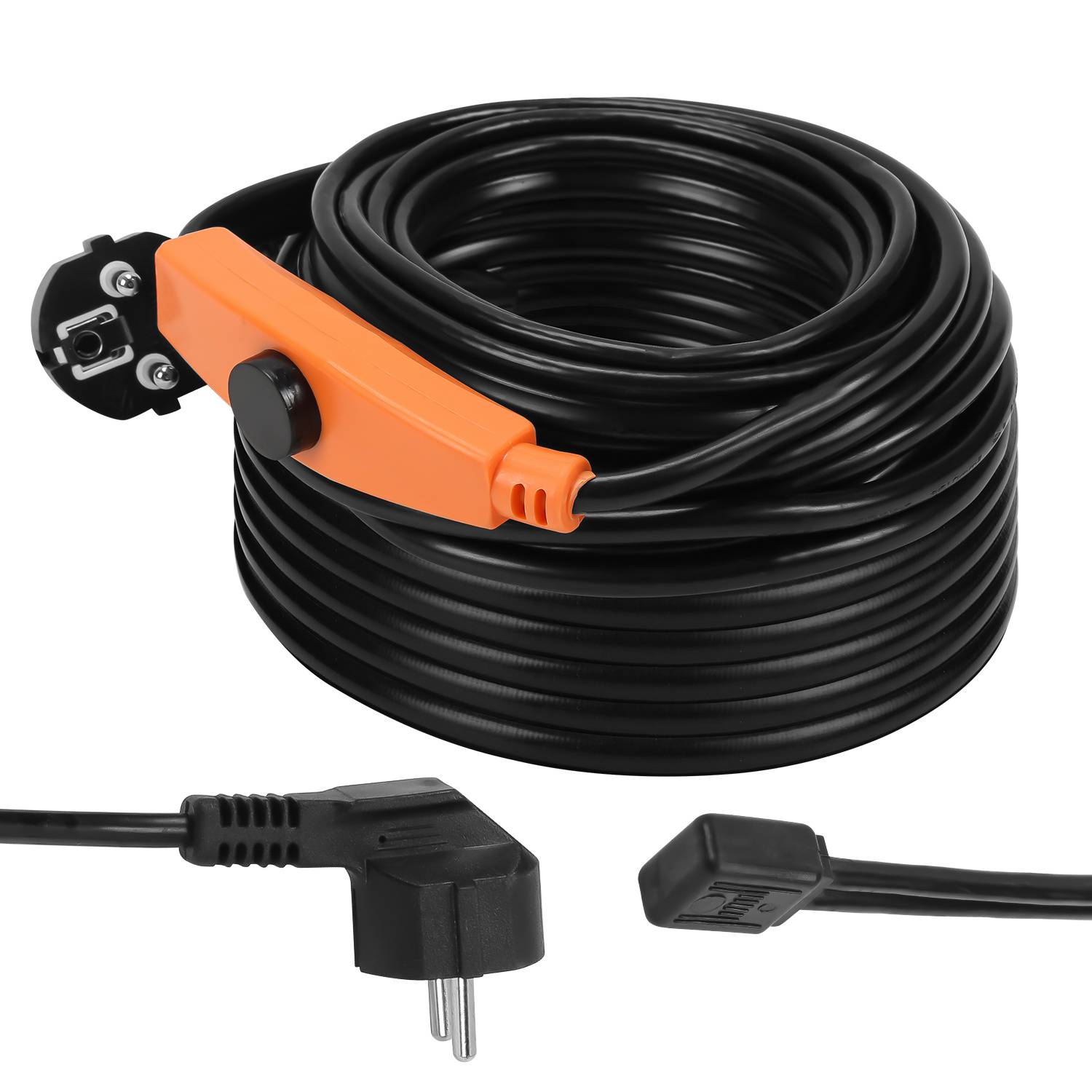 Aufgerolltes schwarzes Stromkabel mit einem orangefarbenen Inline-Schalter und einem zweipoligen Stecker, dargestellt mit Steckerenden auf weißem Hintergrund.