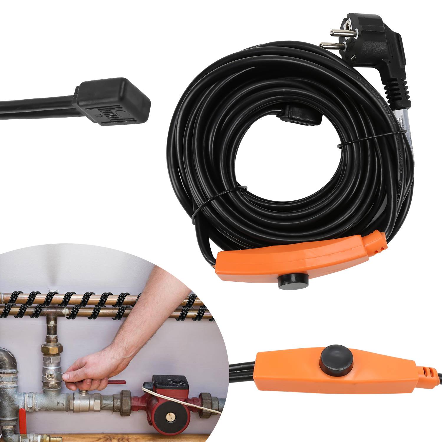 Schwarzer beheizter Wasserschlauch mit Stromstecker und orangefarbenem Inline-Regler, gezeigt aufgerollt und wird unter einem Spülbecken mit Rohrleitungen installiert.