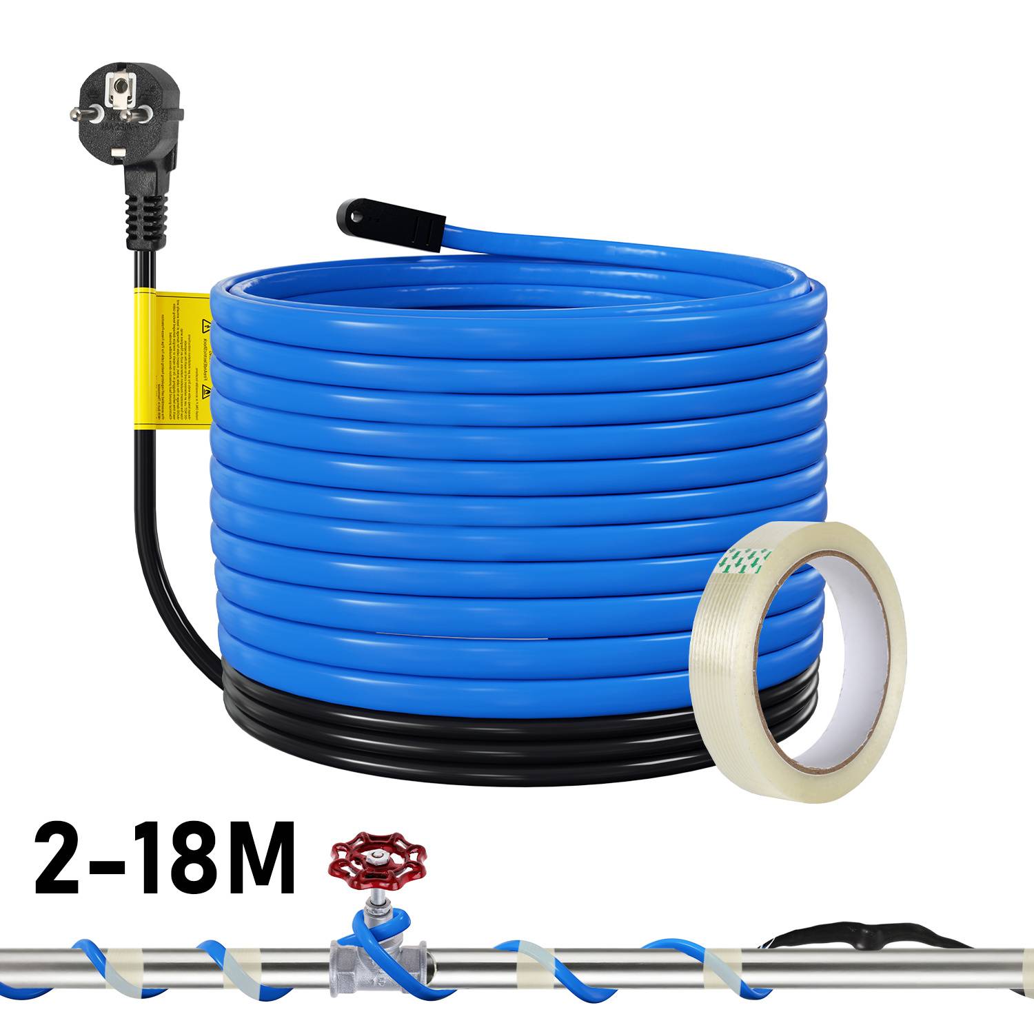 Blaugespultes elektrisches Heizwickelset mit Stecker, gekennzeichnet als 2-18M, abgebildet mit Befestigungsband und um ein Rohr gewickelt, um Einfrieren zu verhindern.