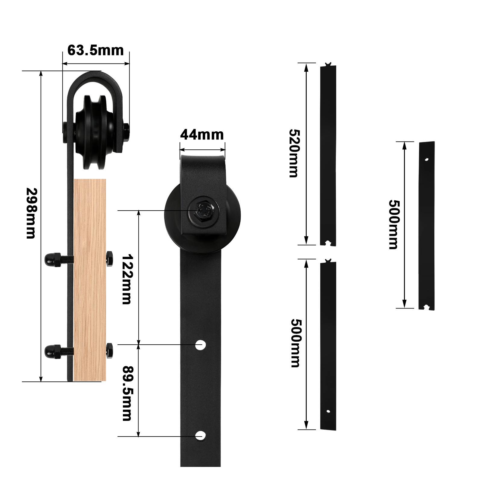 Maßstabzeichnung eines schwarzen Scheunentorbeschlag-Sets mit Holzradpanel, das Schlüsselmessungen zeigt: 298 mm, 63,5 mm, 44 mm, 122 mm, 89,5 mm, 520 mm und 500 mm Teile.