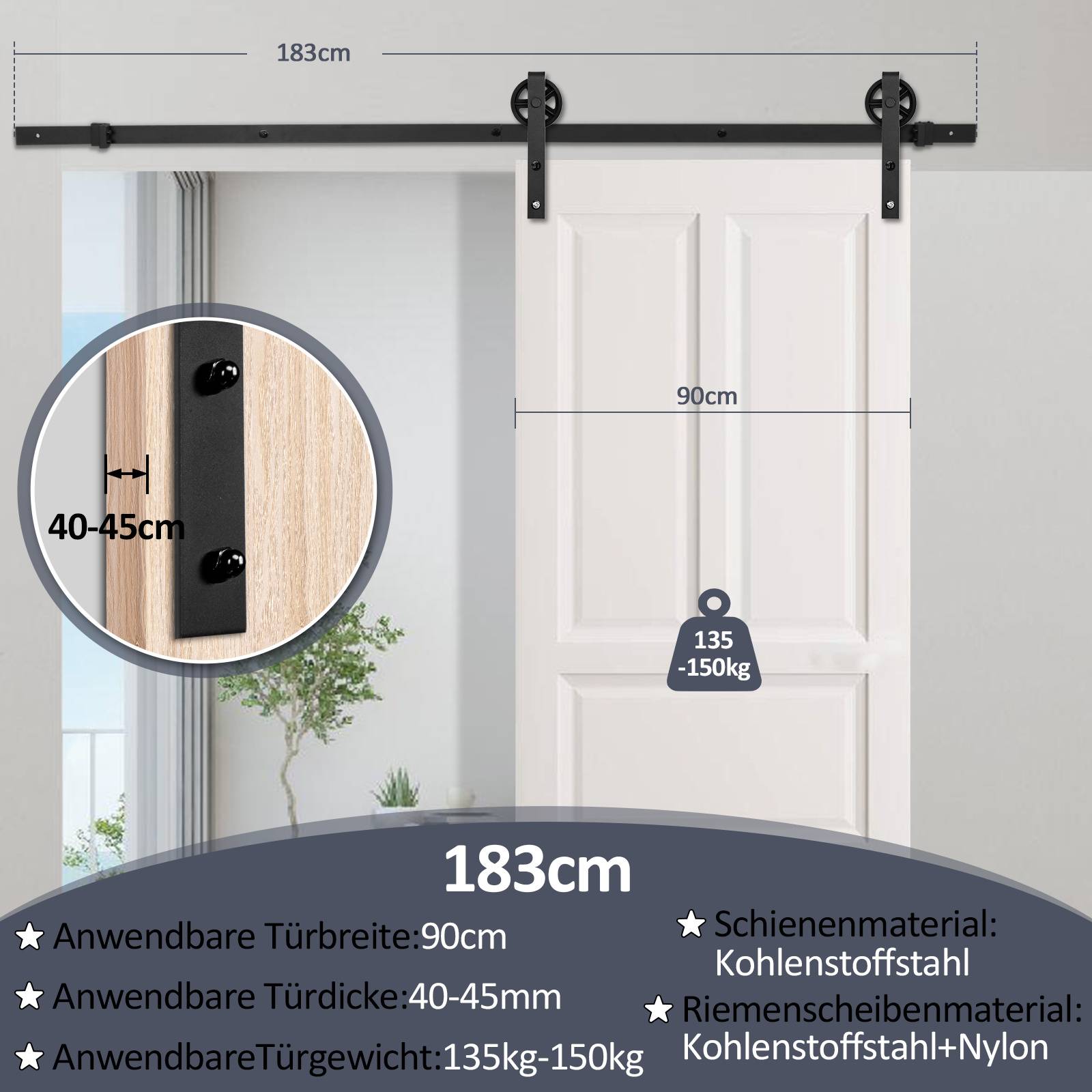 Schiebetürbeschlag-Set für Scheunentüren für 90 cm breite Türen, mit 183 cm Schiene, passt für 40-45 mm dicke Türen und trägt 135-150 kg.