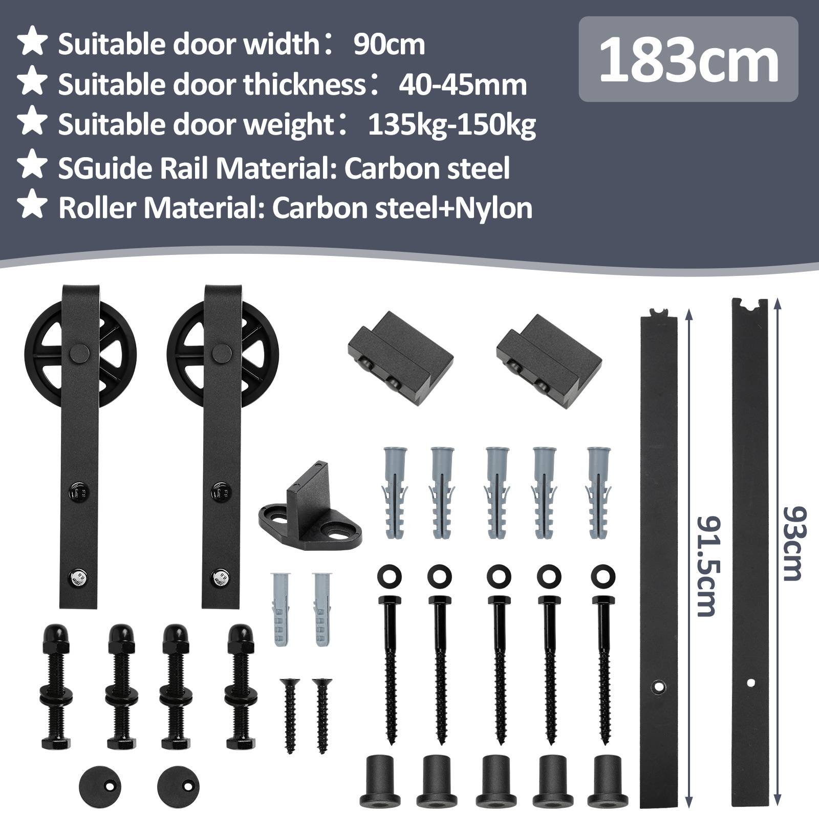 Scheunentorgehäuse-Set mit 183 cm Schiene, zwei Rollen, Montageklammern, Schrauben, Distanzstücken und Endanschlägen; passt für 90 cm Türen, 40-45 mm dick, 135-150 kg.