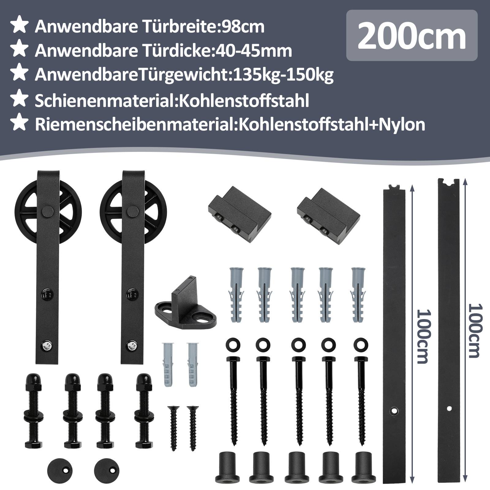 Scheunentorausrüstung mit zwei schwarzen Rollen, Schienen, Halterungen, Befestigungsmaterial und beschrifteten Spezifikationen: 200 cm Schiene, 98 cm Torbreite, 40-45 mm Dicke, 135-150 kg Tragfähigkeit.
