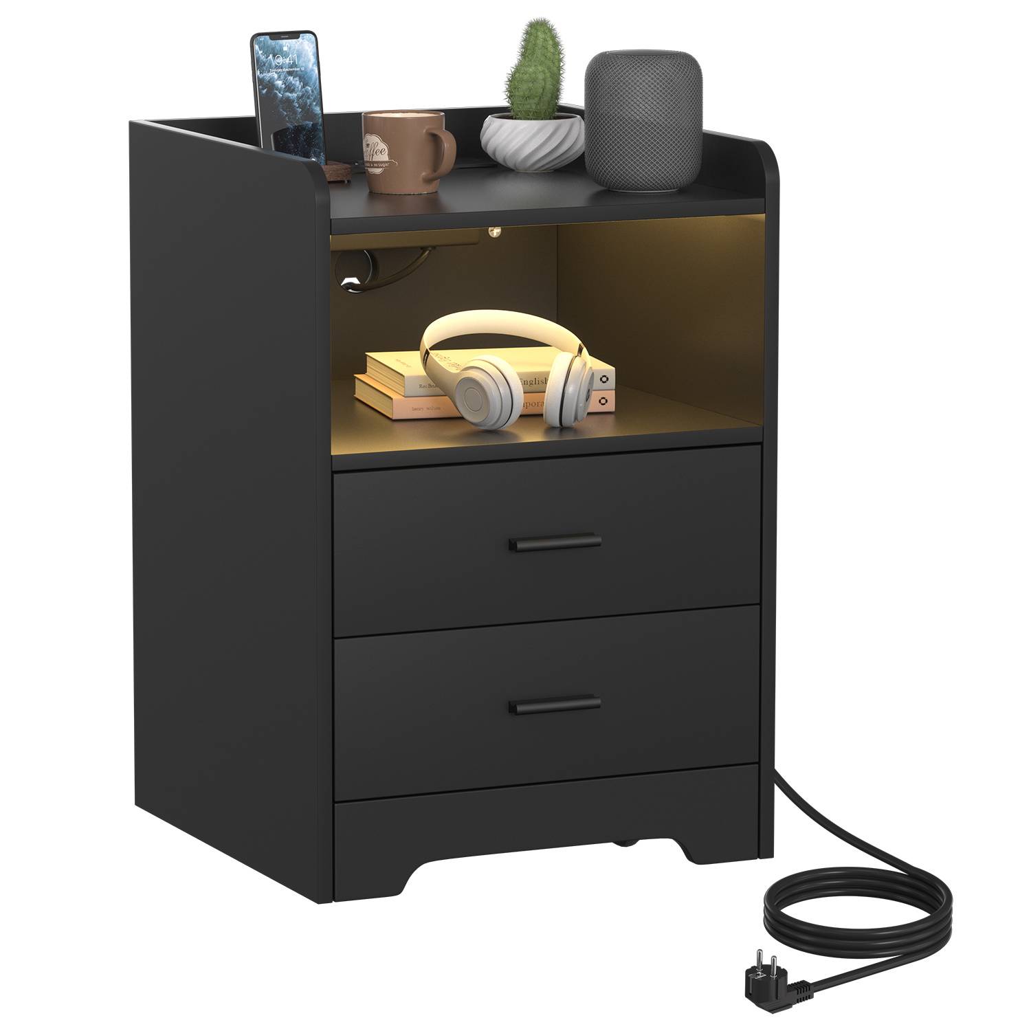 Nachttisch auf 4 Rollen, RGB-Licht mit Musik- und Timerfunktion, 2 Schubladen, offenes Fach, 2 Steckdosen, USB, USB-C, Schwarz