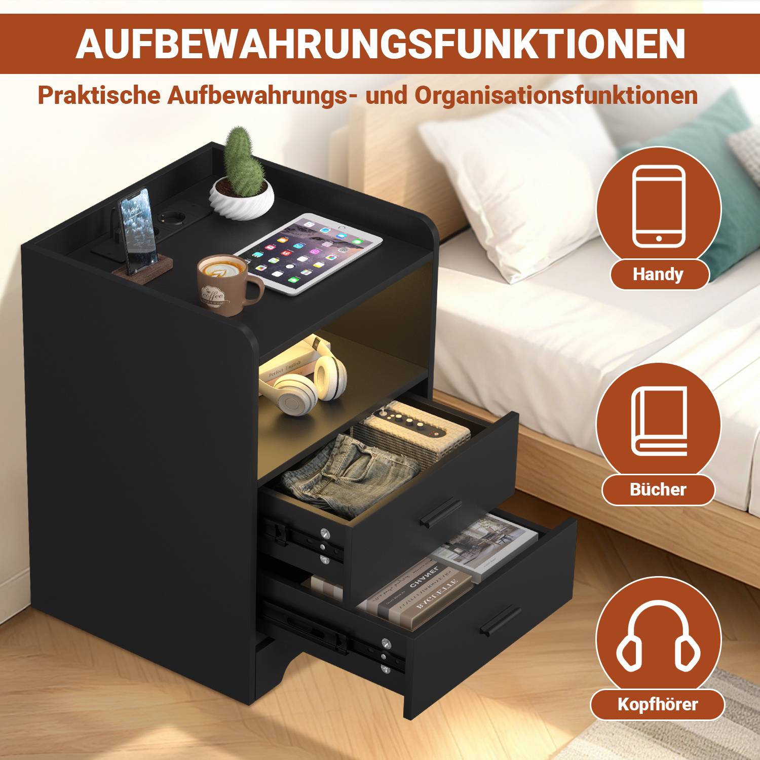 Illustration einer Nachttisch-Aufbewahrungseinheit mit Schubladen und Regalen zum Organisieren eines Handys, von Büchern und Kopfhörern; beschriftet mit „Handy", „Bücher"" und „Kopfhörer"".
