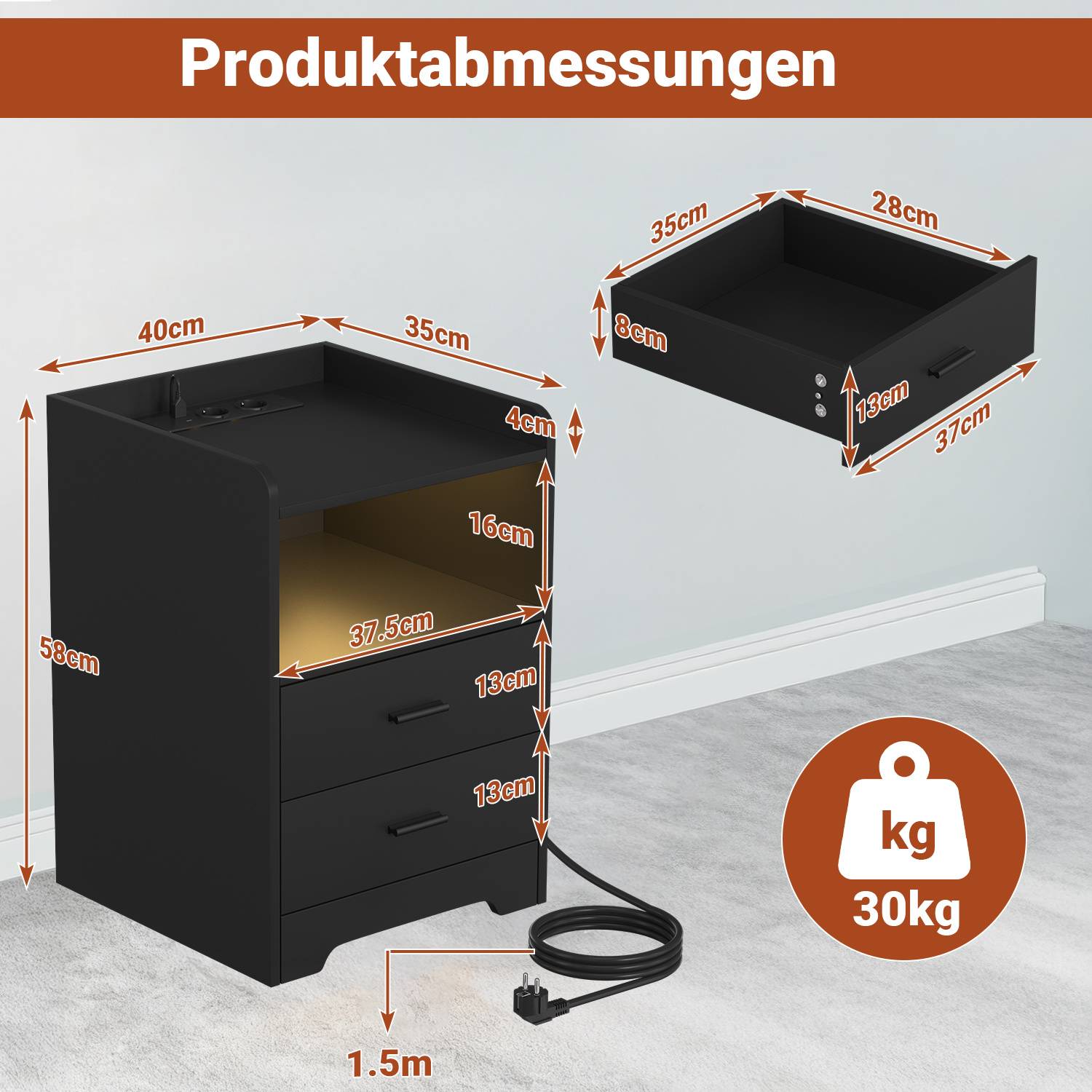 Nachttisch auf 4 Rollen, RGB-Licht mit Musik- und Timerfunktion, 2 Schubladen, offenes Fach, 2 Steckdosen, USB, USB-C, Schwarz