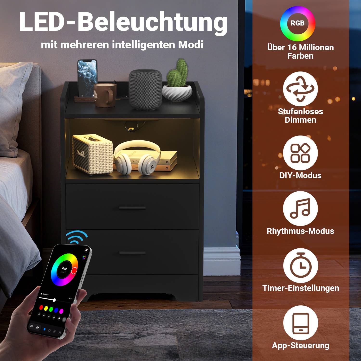 Nachttisch auf 4 Rollen, RGB-Licht mit Musik- und Timerfunktion, 2 Schubladen, offenes Fach, 2 Steckdosen, USB, USB-C, Schwarz
