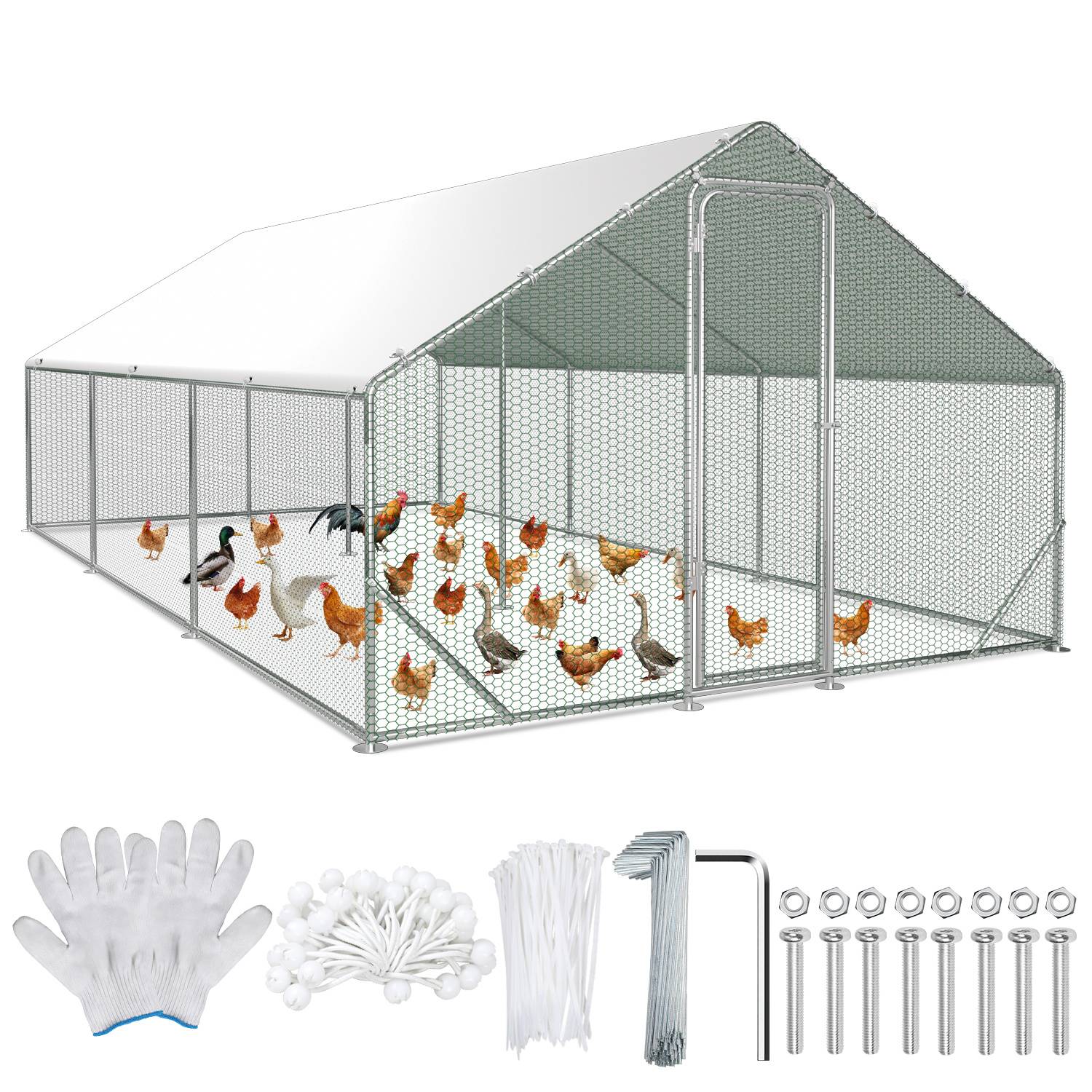 Drahtrahmen-Hühnerauslauf-Gehäuse mit Netzplatten und Schwingtür, gezeigt mit enthaltenen Montageteilen: Handschuhe, Kabelbinder, Heringe, Innensechskantschlüssel und Bolzen.