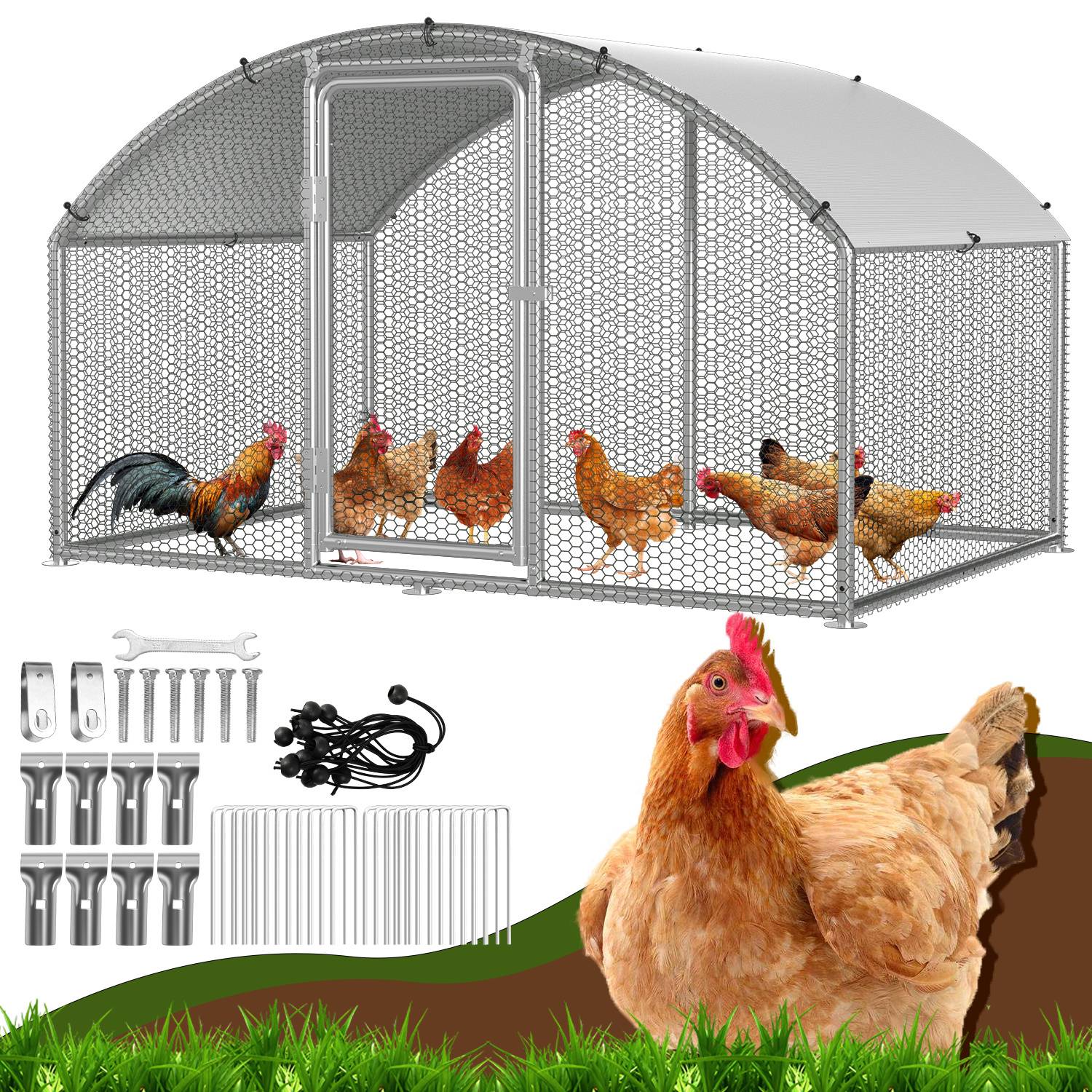 Hühnerstallset mit Metallgittereinhausung und gewölbtem Dach, gezeigt mit enthaltener Montagehardware, Zaunstücken und einer Hühnerillustration.