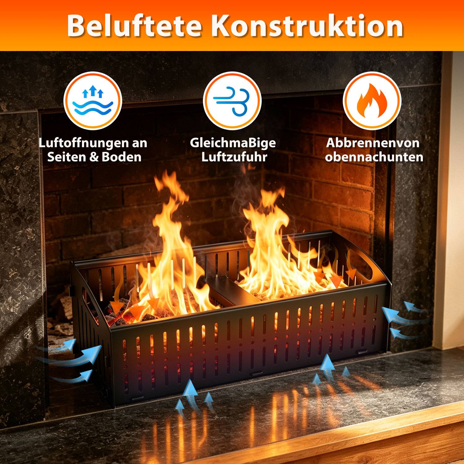 Diagramm eines Kamineinsatzes mit der Bezeichnung „Belüftete Konstruktion", das Seiten- und Bodenlufteinlass, gleichmäßige Luftströmung und Verbrennung an der oberen Kante für effiziente Verbrennung zeigt.